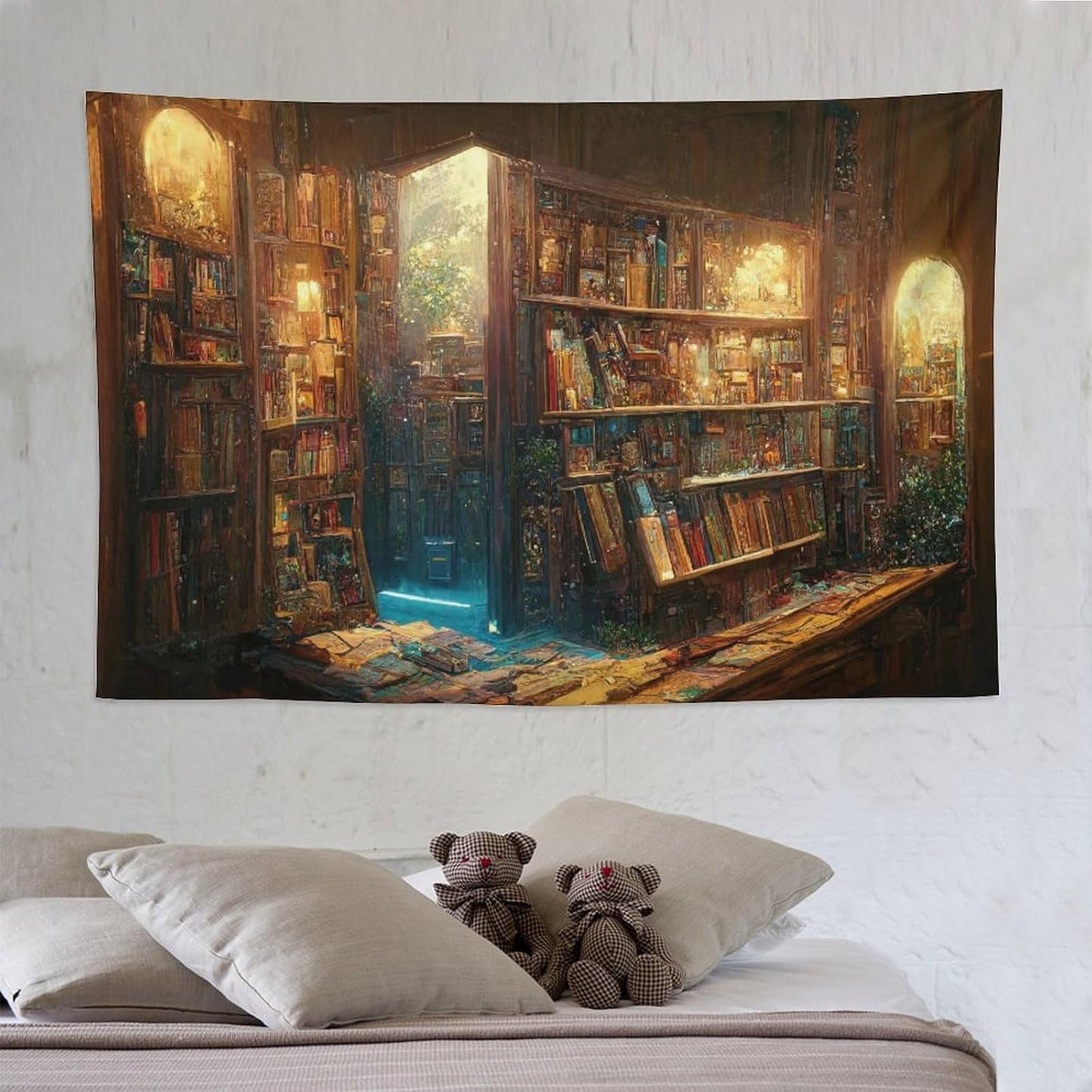 Kurtect Bookshelf Tapestry,Vintage Style Library Watercolor Art Theme Pattern Print Tapestries for Party Beach Picnic Blankets Tablecloths Living Room Wall Deocr, 60x90 in