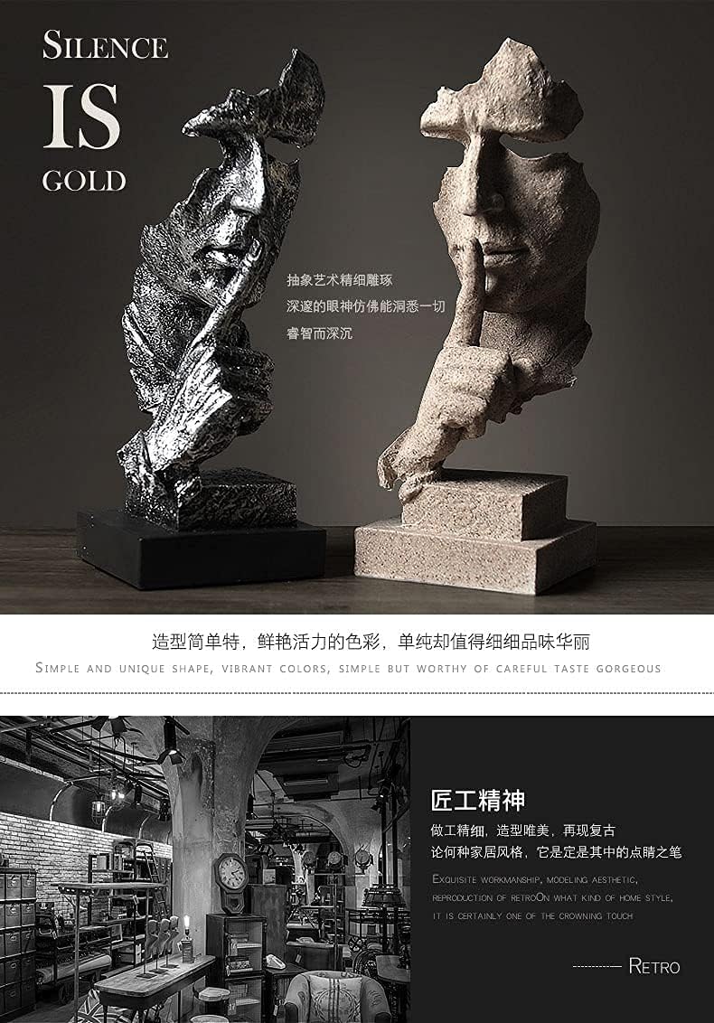 Silence is a Golden Statue Modern Mens Creative Office Home Room Decorations Sculpture Friends Bookshelf Decorative 4.7 x 4.3 x 13.18in(Silver) Modern Home Décor