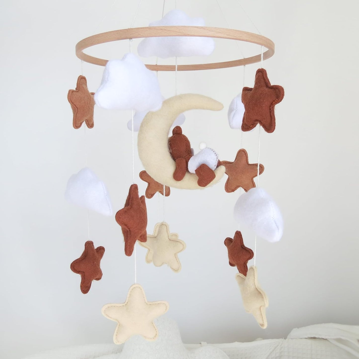 Bear Baby Mobile for Crib Neutral Crib Mobile for Girls Boys Boho Nursery Baby Mobile for Bassinet with Sleeping Bear