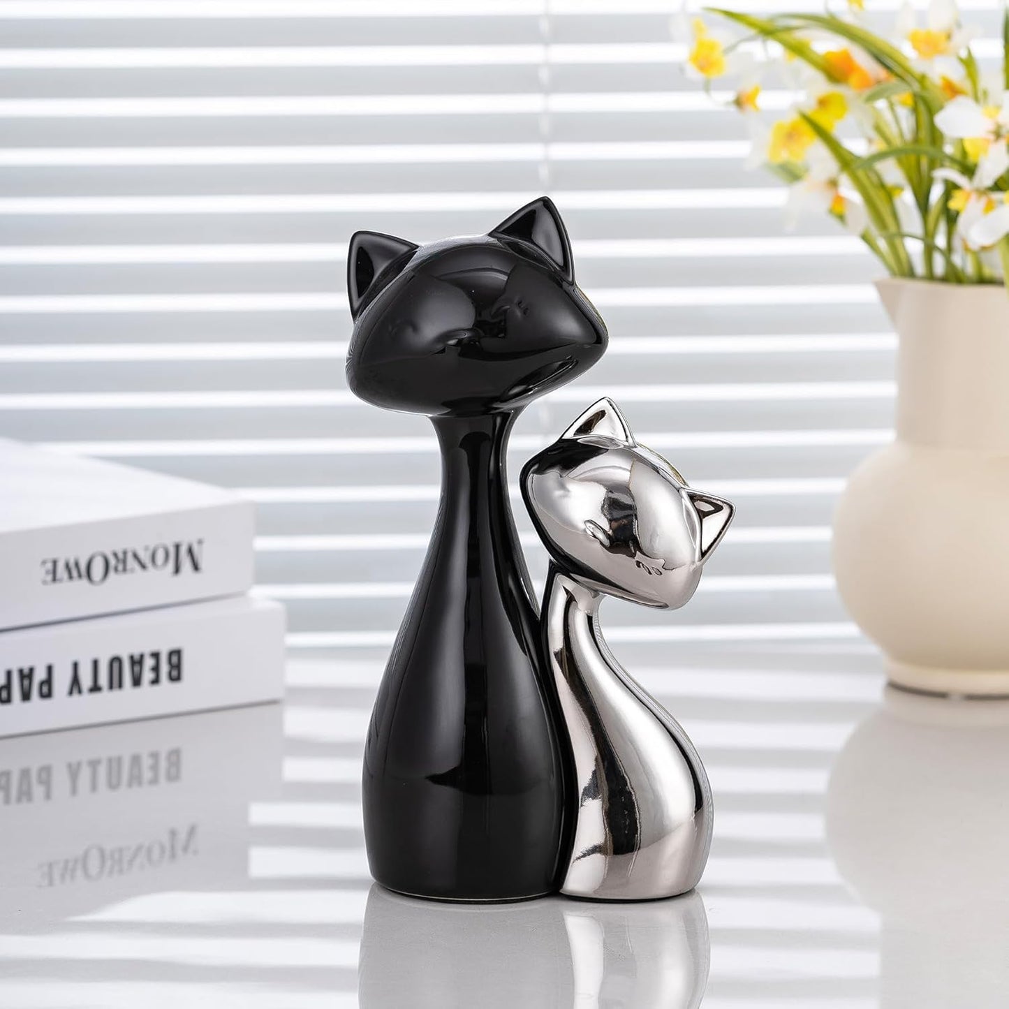 Ceramic Cat Statue Set, Black & Silver Cute Home Decor Figurines, Lucky Cats Desk Accessories for Cat Lovers, Memorial Cats Themed, Modern Collectible Decor for Bookshelf, Living Room