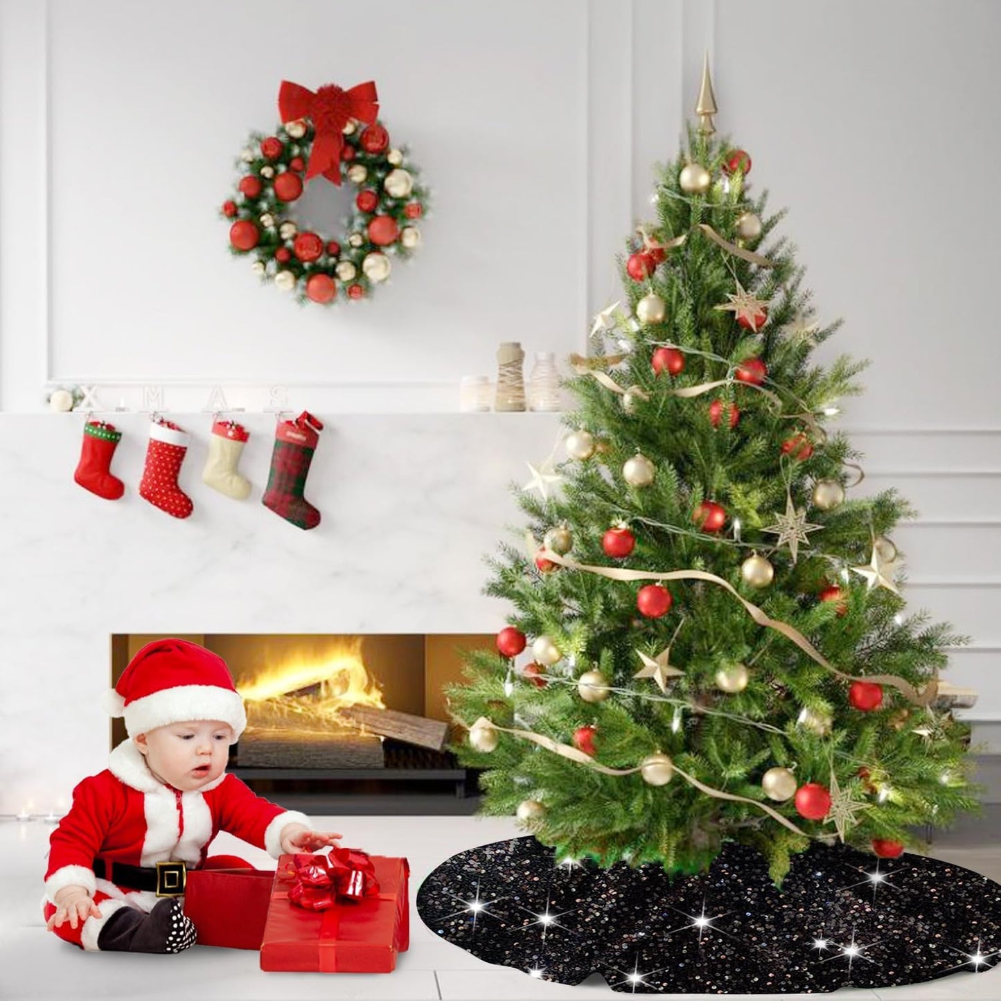 Christmas Tree Skirt 46 Inch Black Xmas Tree Skirt Soft Fabric Tree Skirts Christmas Decorations for Halloween New Year Round Velvet Tree Cover Skirt Sequin Metallic Tree Floor Base Luxury Tree Mat