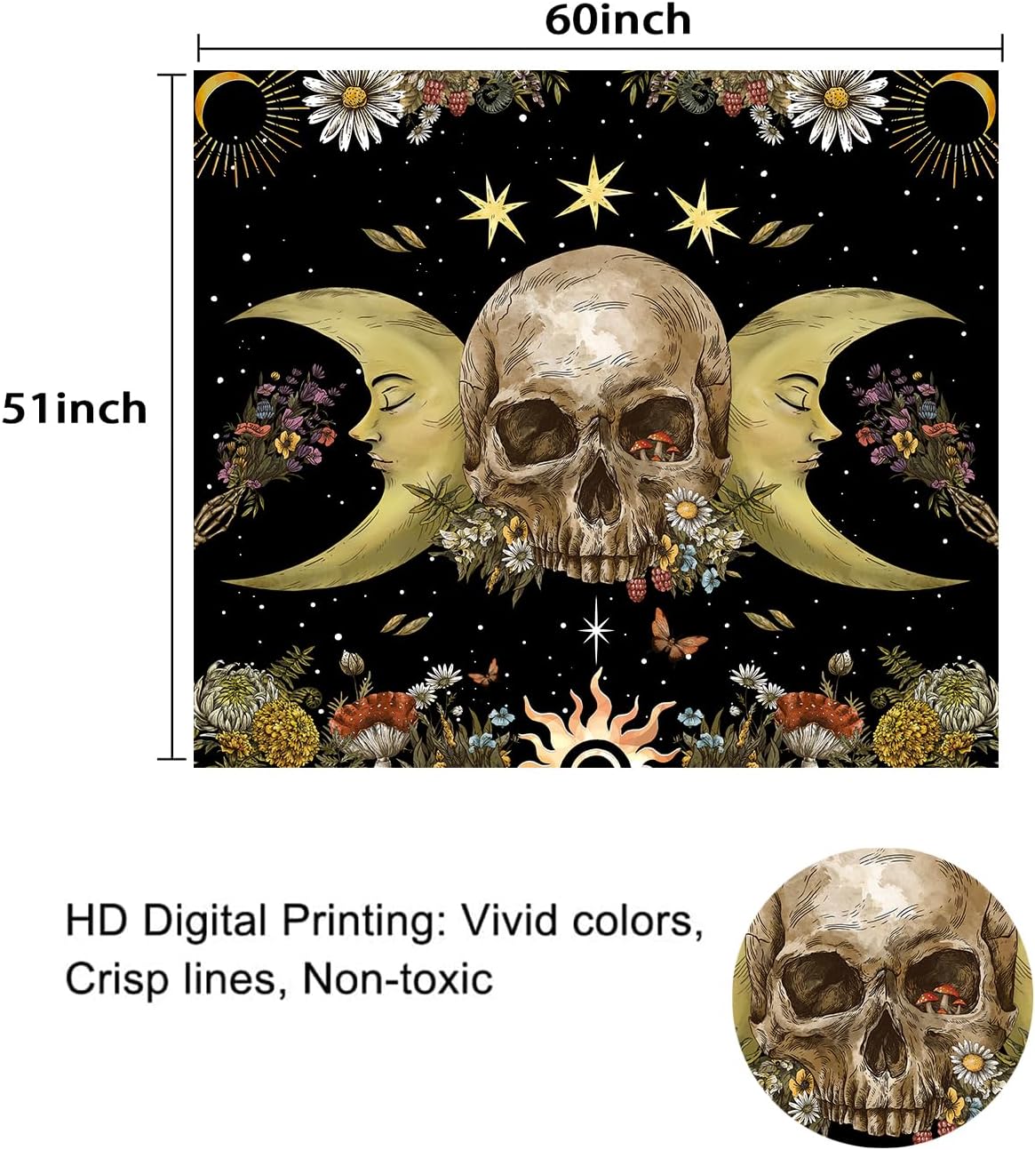 Atrippy Halloween Vintage Gothic Tapestry for Bedroom, Goth Skull Floral Wall Decor Tapestry, Sun and Moon Skeleton Flower Tapestries Aesthetic, Dark Room Decor Wall Hanging for Living Room Dorm 51x60 Inches