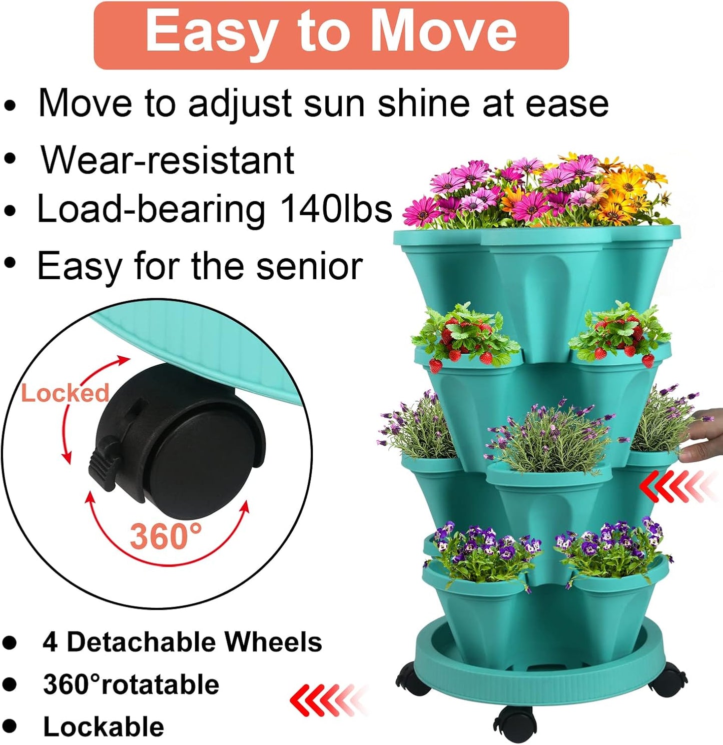 DUNCHATY Stackable Planter, Vertical Garden Planter with Wheels and Tools, Self Watering Strawberry Planter Indoor/Outdoor 4 Tier Herb Planter Pots for Growing Vegetables and Succulents, Teal
