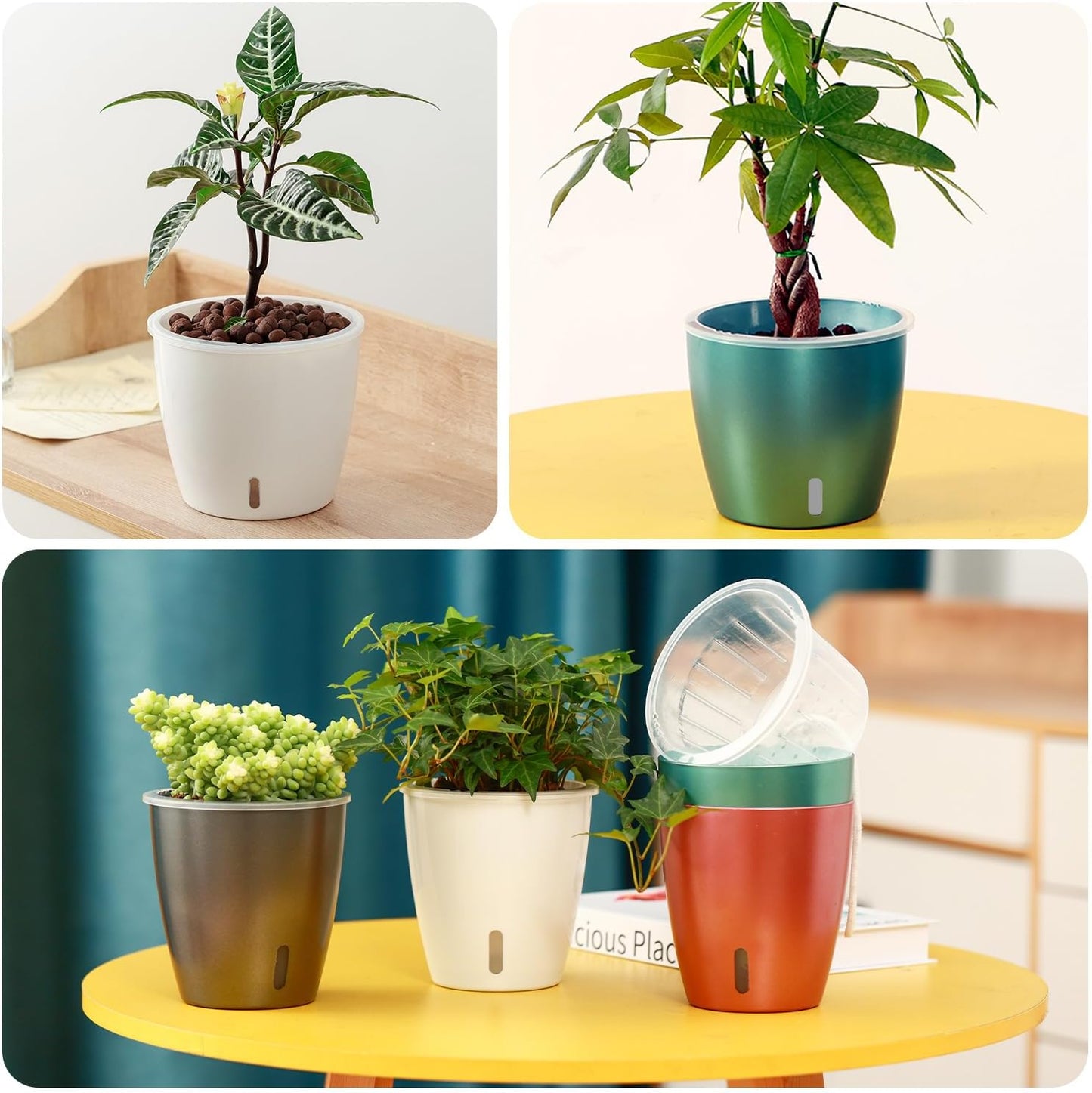 Self Watering Pots for Indoor Plants, 4-Pack 6.7'' Self Watering Planter with Drainage Holes, Small African Violet Pots with Water Indicator, Clear Wick Orchid Pot, Blue Gold