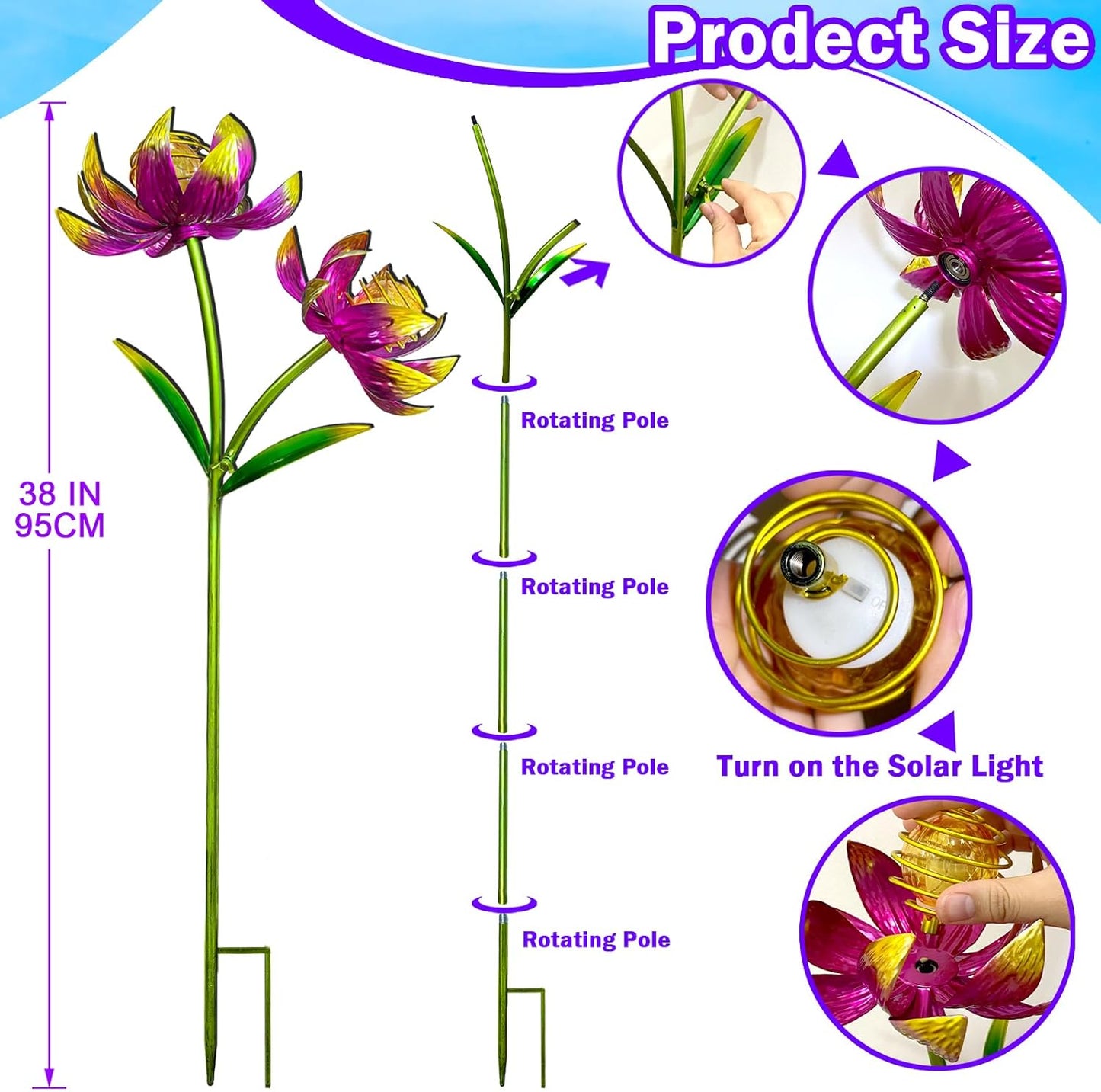 Solar Wind Spinner Outdoor, 63 Inch Metal Wind Spinner Yard Art with Lights - Twin Flower Design Pinwheels for Yard and Garden Decor, Solar Garden Decor