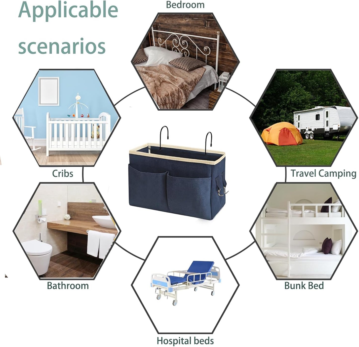 Bedside Caddy Bedside Hanging Storage Basket Multi-Function Organizer Caddy for Bunk and Hospital Beds Dorm Rooms Bed Rails, Can be Placed Glasses Books Mobile Phones(2pc Navy Blue)
