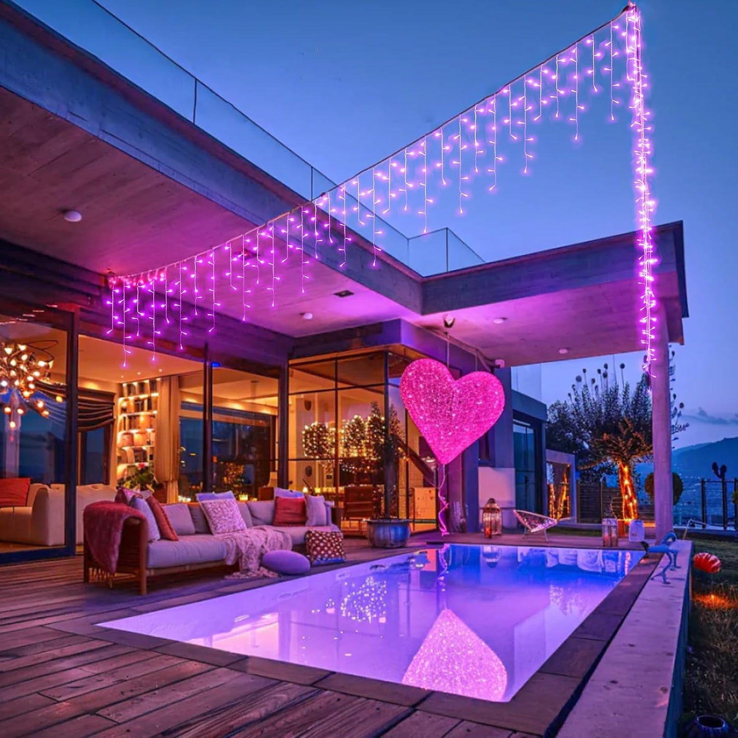 Pink Christmas Lights Outdoor, 33ft 400 LED Icicle Lights for Outside Clear Wire Connectable Twinkle Light with 8 Modes Timer Plug in Waterproof for Window Party Wedding Holiday Patio Tree Decorations