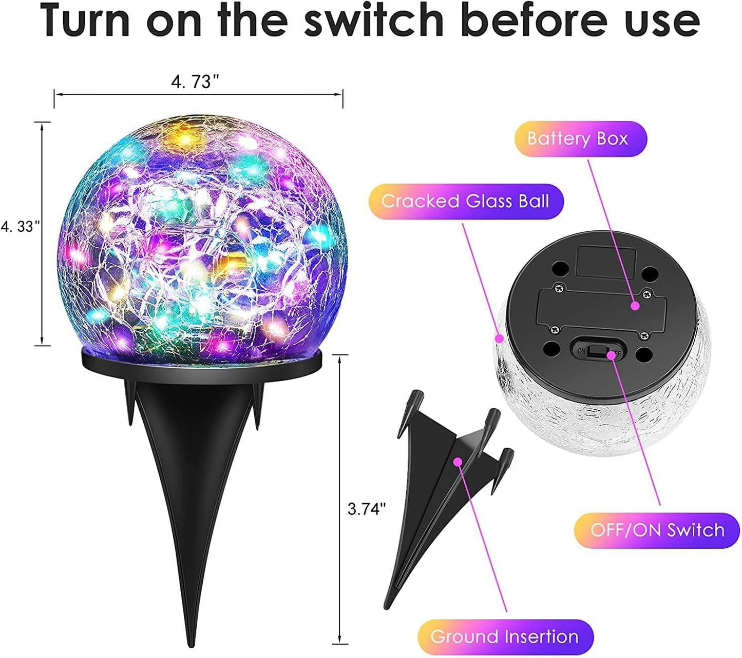 Solar Garden Lights, 2 Pack 80 LED Colored Cracked Glass, Multicolor Outdoor Decorative Ball Lights for Yard, Pathway, Patio, Christmas, 4.73