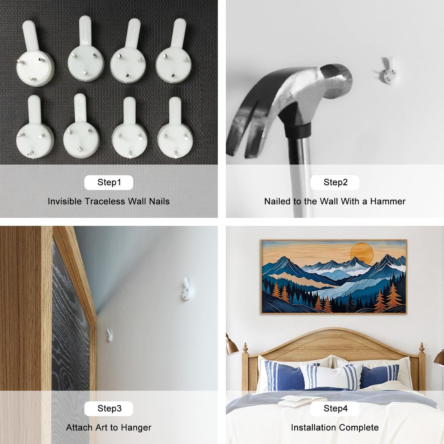 Blue Woodcut Mountain Framed Canvas Wall Art Set, Boho Abstract Ridge Wall Decor, Pine Tree Landscape Wall Painting, Sunrise Forest Art Print for Living Room, Bedroom, Office - 20"X40"