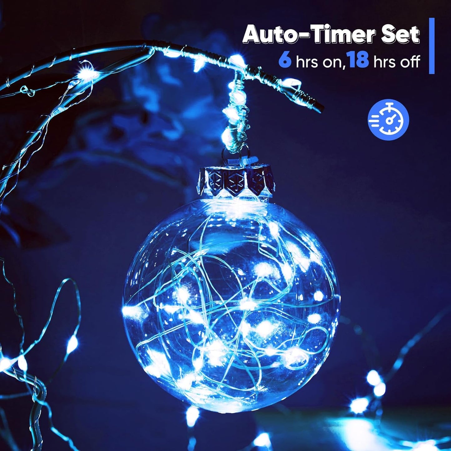 2 Pack 65.6 Ft. Battery Operated Outdoor String Lights with Remote & Timer, LED Blue Fairy Lights, Waterproof Twinkle Lights for Bedroom, Dorm, Mason Jar, Wedding, Party, Christmas