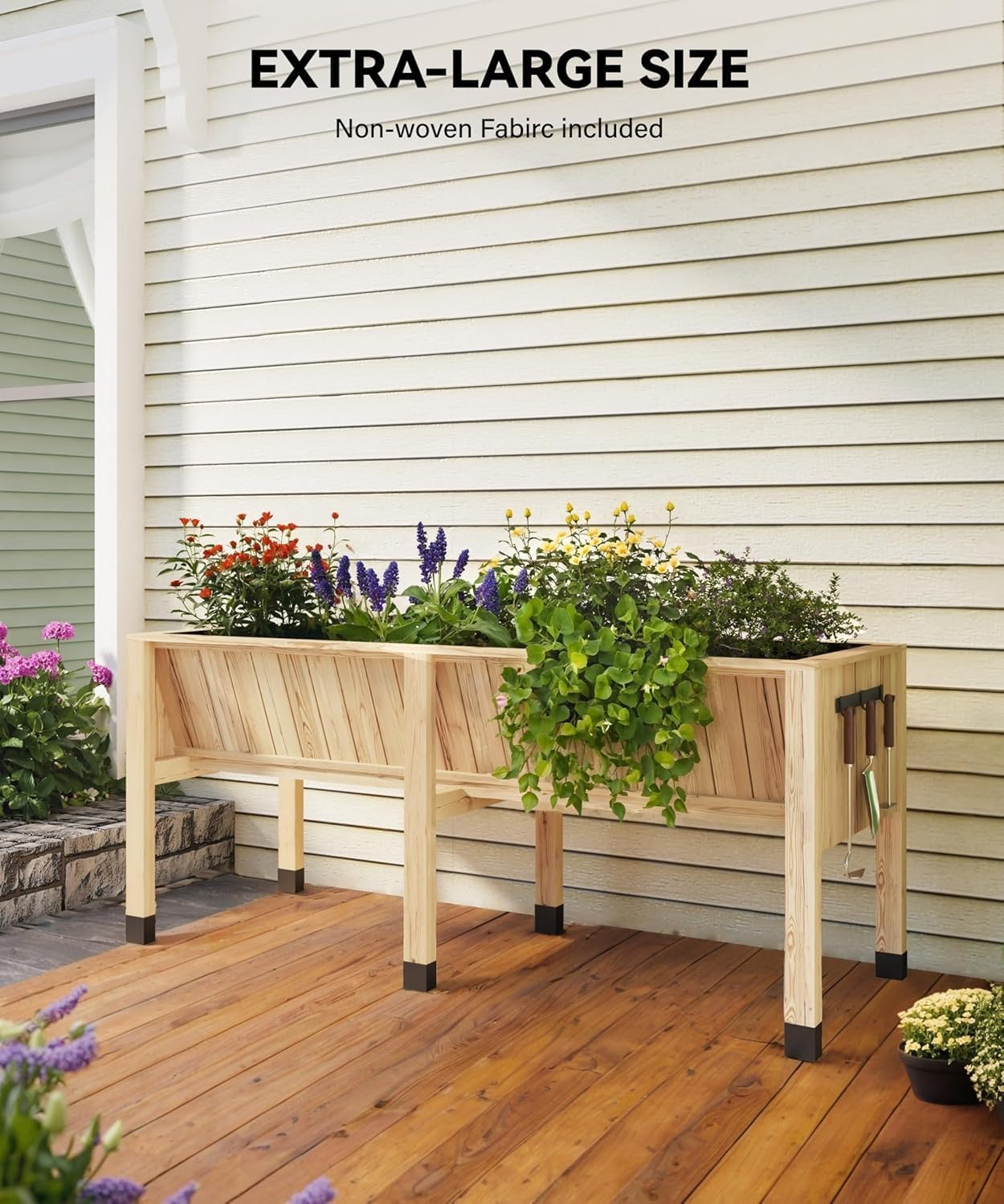 72x26x31 Inch Raised Garden Bed with Legs, 13.7In Depth Wooden Planter Box for Outdoor Growing Vegetables and Herbs, Elevated Garden Bed with Hooks for Backyard, Patio, Balcony