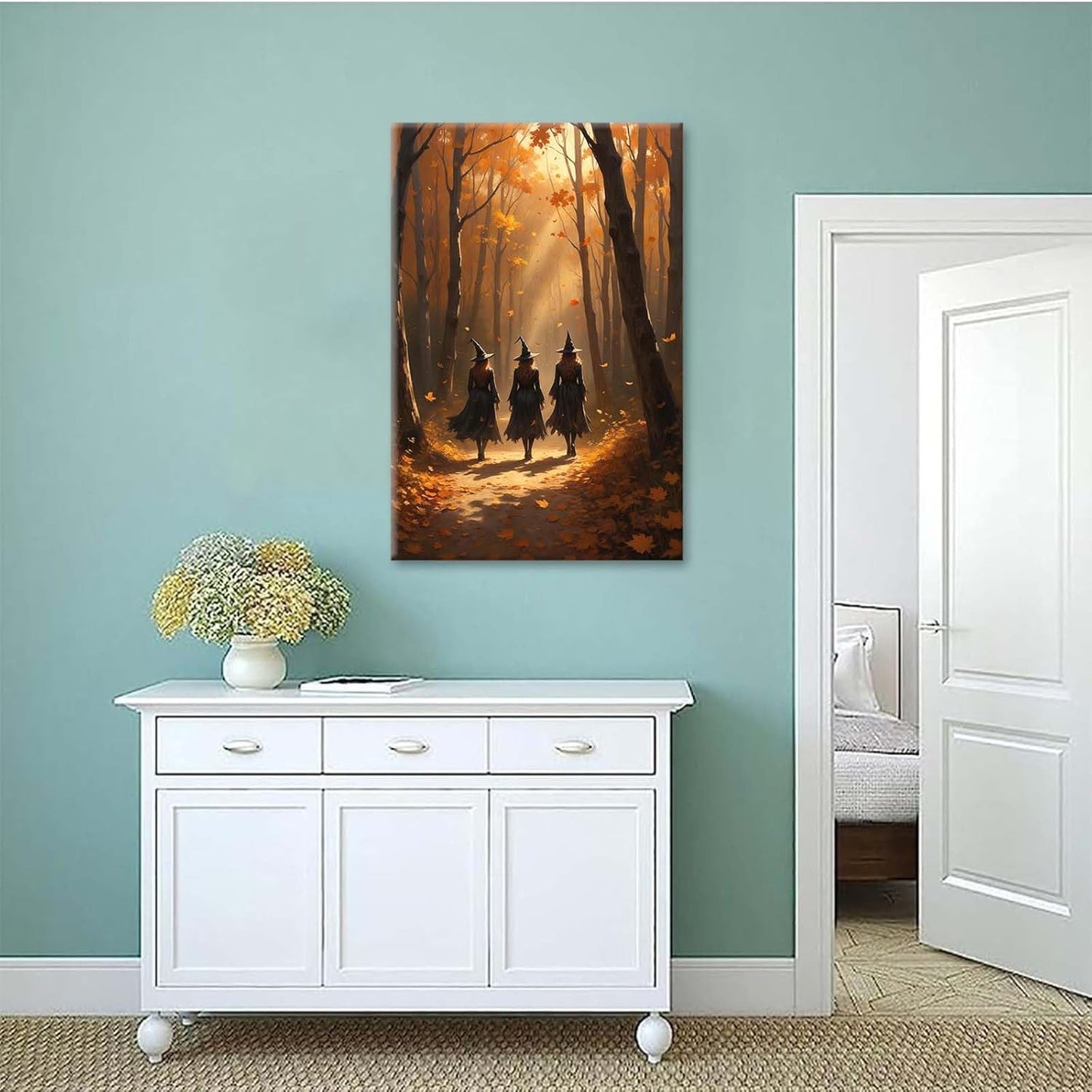 JFHCQJPK Three witches walking in the forest in autumn canvas painting gothic poster halloween print country witch wall art for home decoration20x30in Frameless