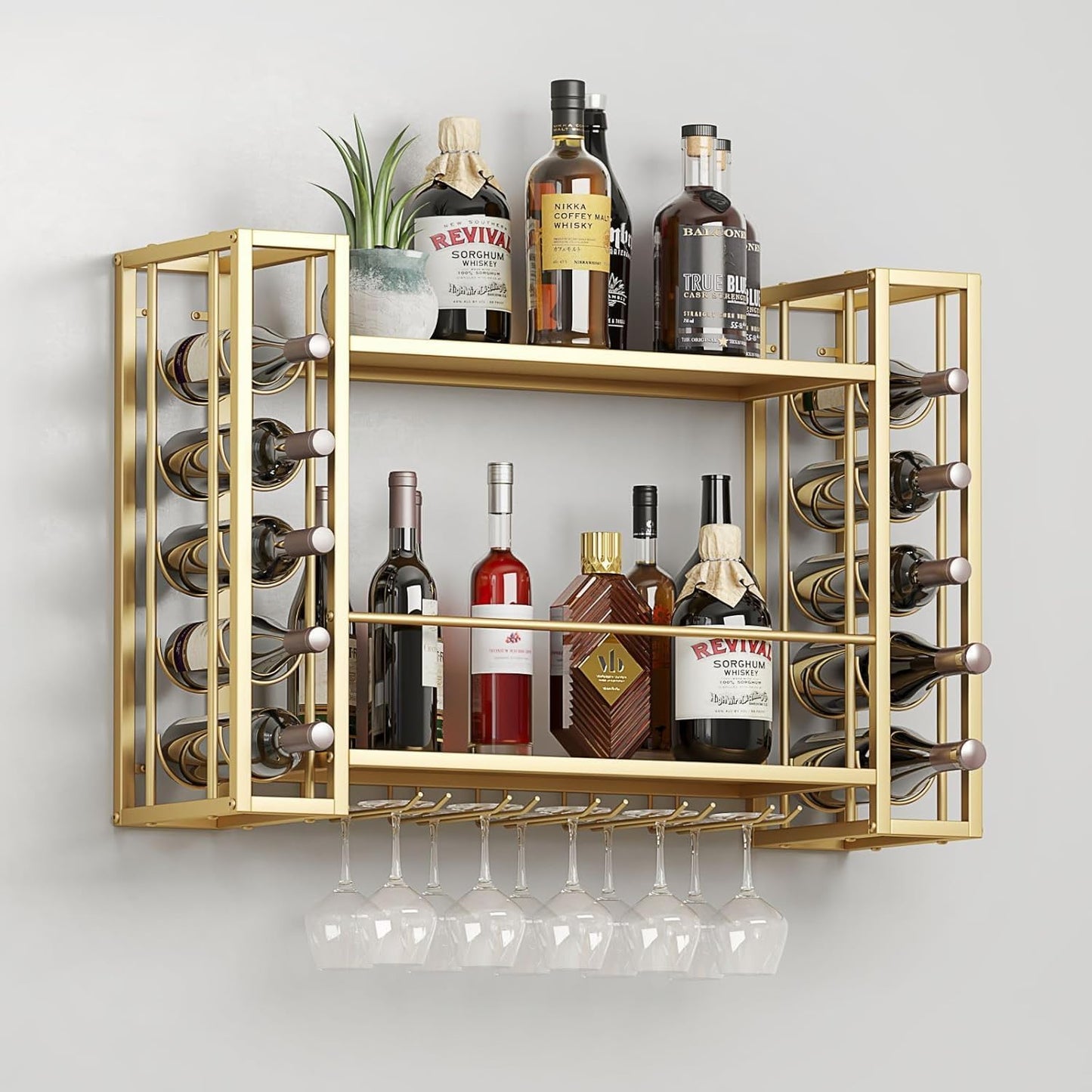Wall Mounted Wine Rack, Hanging Floating Bar Liquor Shelves with Glass Holder, Metal Bottle Holder Wine Storage Display Shelf for Home Bar, Gold (47.2”W x 9.8”D x 21.65”H)