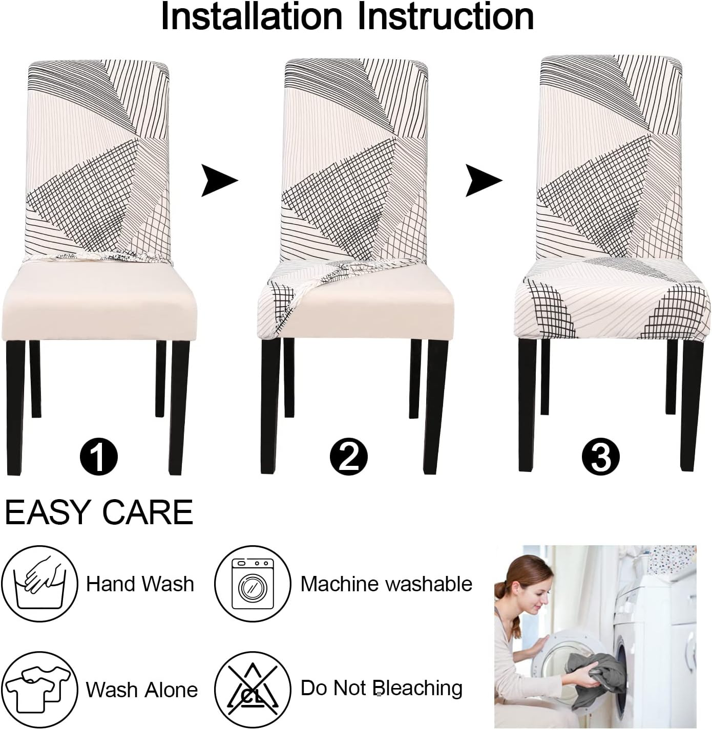 JQinHome White Chair Covers for Dining Room Set of 4, High Stretch Removable Washable Parsons Chair Slipcover for Home Party Hotel Wedding Ceremony (4PCS, Geometric)