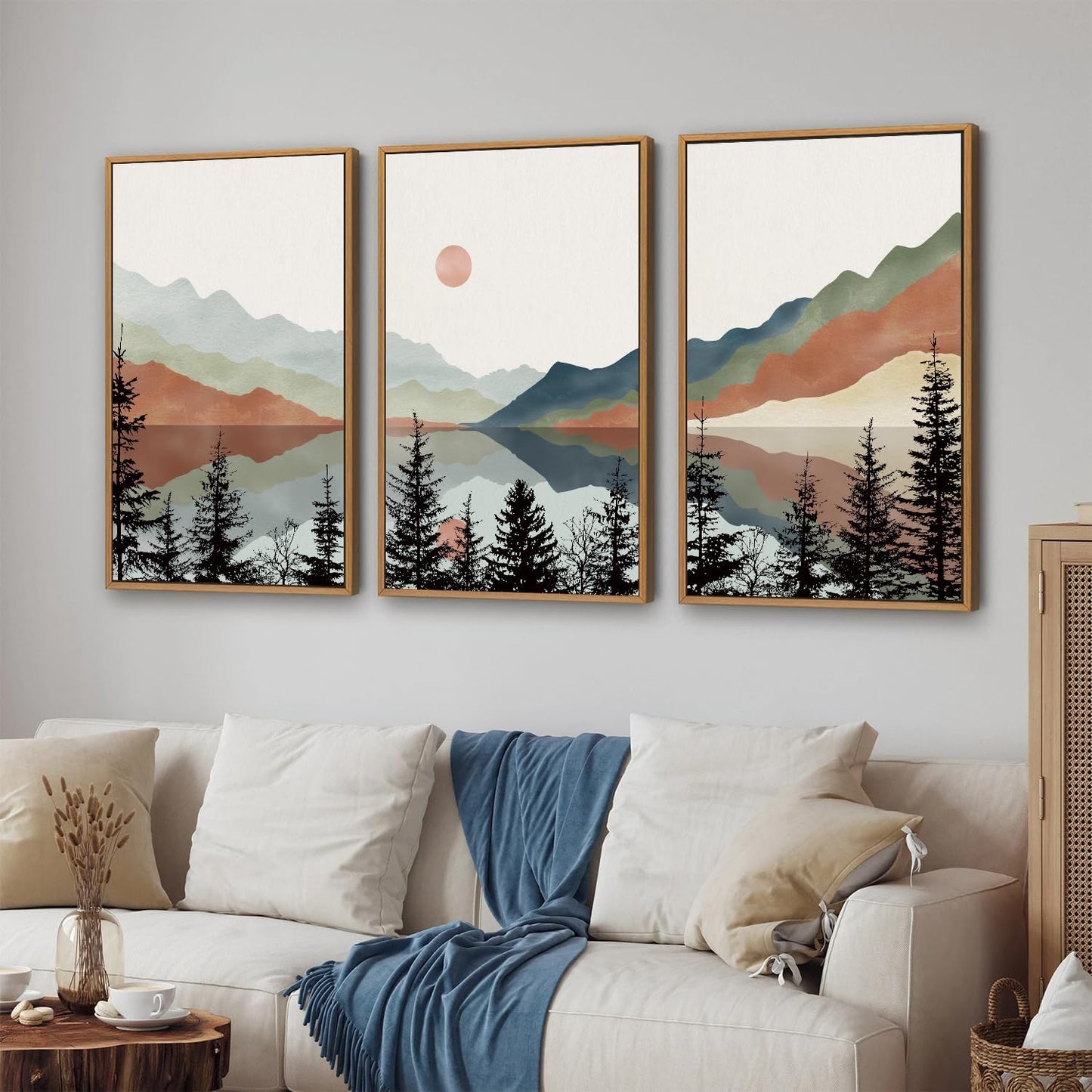 Tinonedraw Boho Mountain Framed Canvas Wall Art Set, Watercolor Nature Landscape Wall Decor, Black Pine Trees Forest Artwork, Neutral Modern Sunrise Art Prints for Living Room Bedroom Office 24"x36"x3