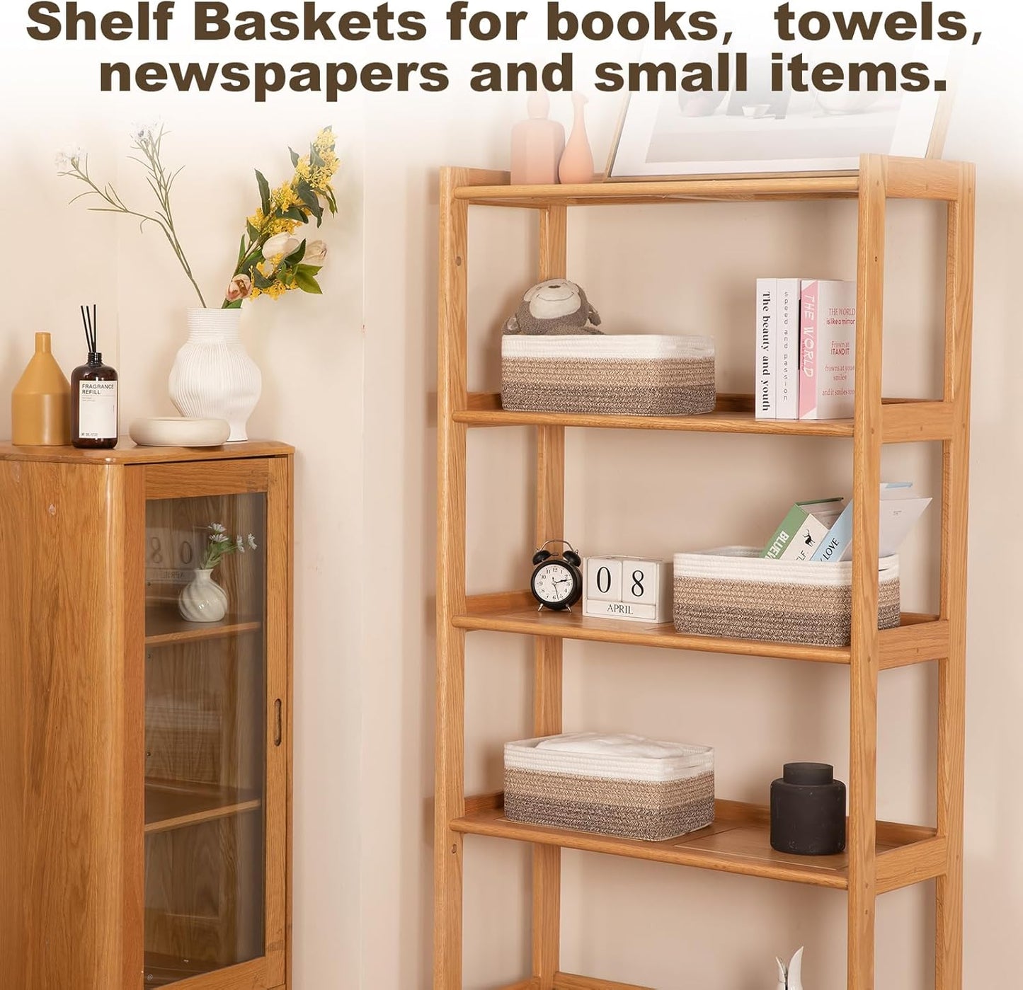 3 Pack Small Storage Baskets for Organizing, Cute Woven Decorative Gift Baskets for Shelves, Mini Closet Organizer Bins with Handles, 11.81''Lx7.87''Wx4.72''H-Brown White