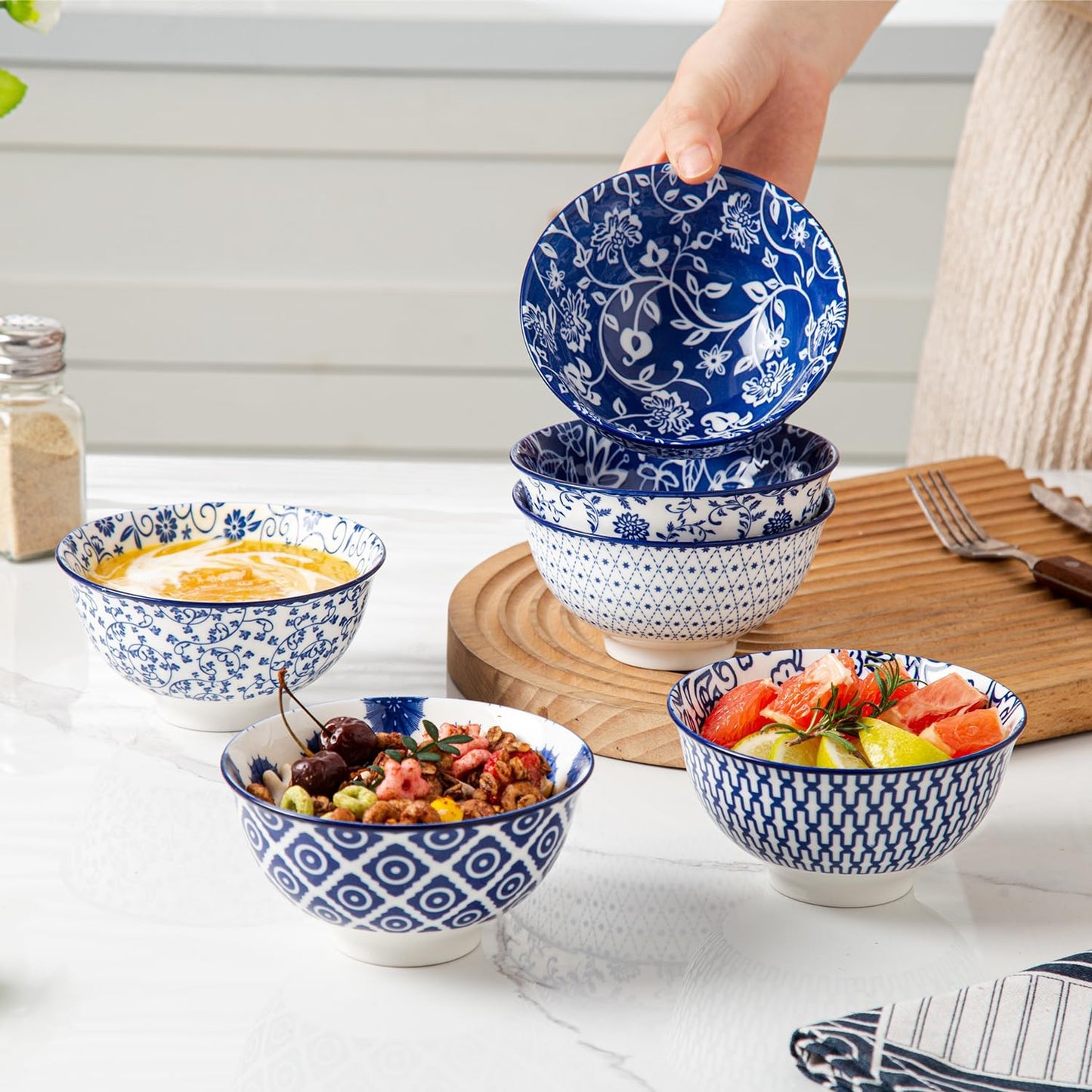 Ceramic Dessert Bowls Set - 12 Oz Small Cereal Bowls 4.75 Inch Ice Cream Bowl for Fruit, Snack, Dipping Sauce, Side Dishes - Microwave Dishwasher Safe - Set of 6 - Vintage Blue