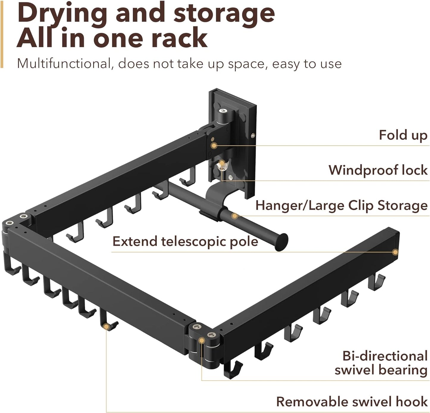 Clothes Drying Rack,Laundry Drying Rack Wall Mount, Wall Mounted Clothes Rack,Retractable,Collapsible(Tri-Fold),Drying Rack Clothing,can Fold Upward & Left & Right,Space Saver, White Color