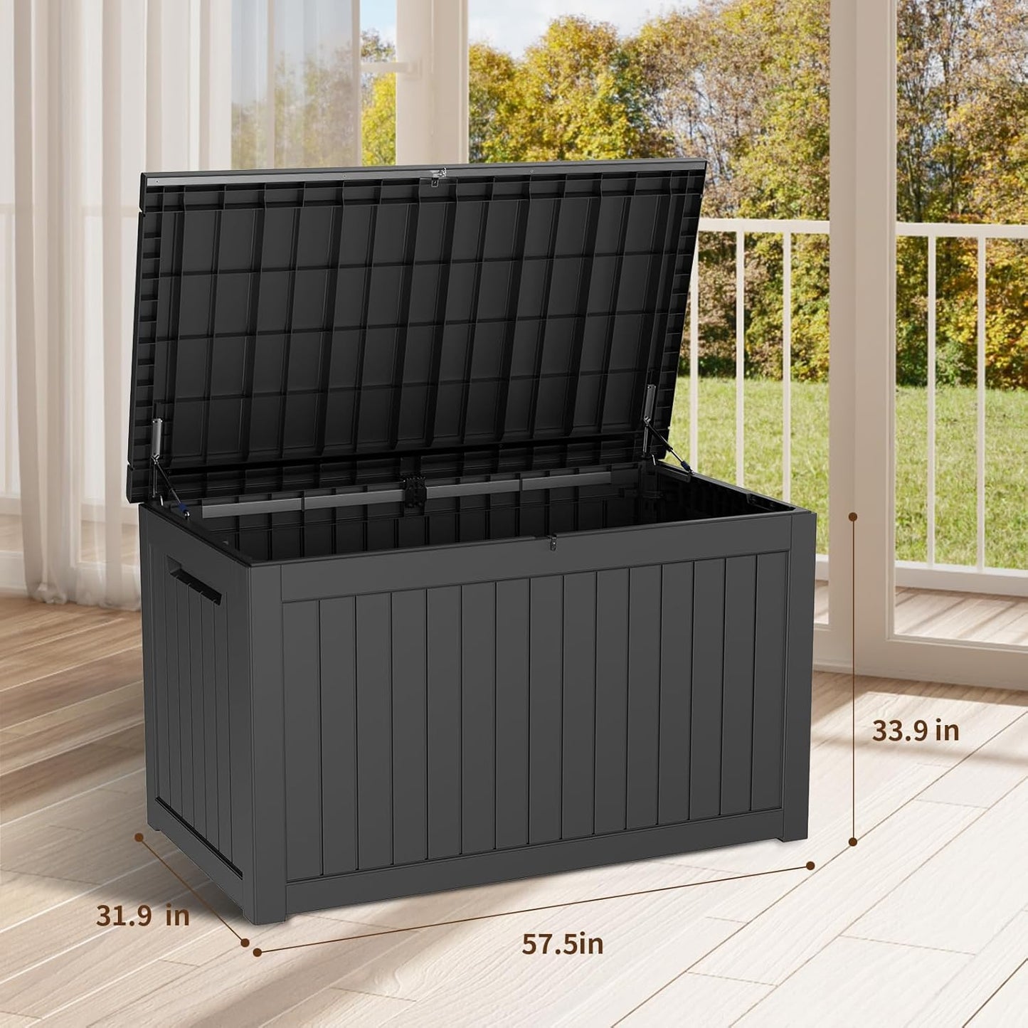 DRATO 230 Gallon Deck Box, Outdoor Large Waterproof Resin Storage Box with Lockable Lid for Patio Cushions, Gardening Tools, Sports Equipment, Black