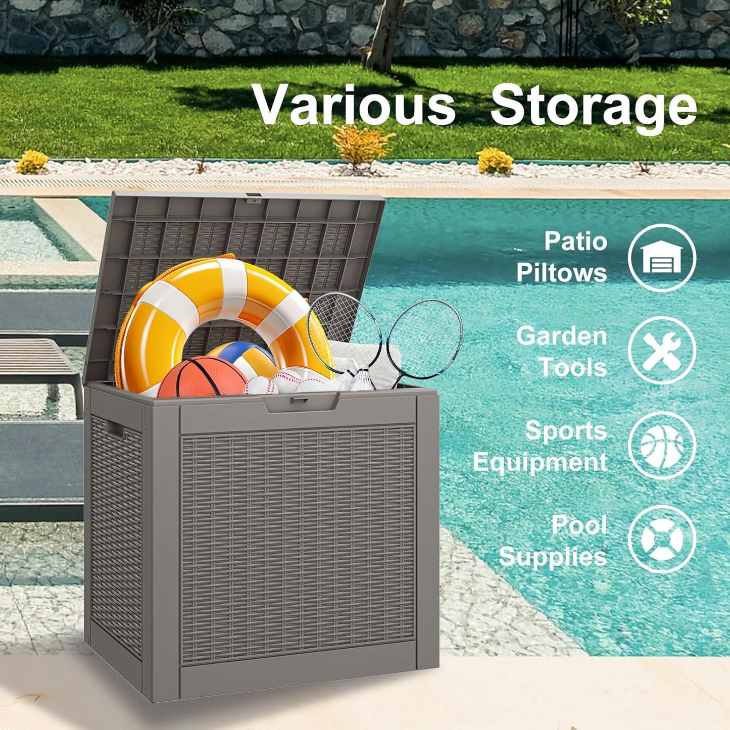 NUNU LAB 31 Gallon Outdoor Storage Box Waterproof,Indoor Outside Deck Boxes,Backyard Storage Bin For Package Delivery,Garden Tools,Patio Cushions,Pool Accessories,Storage Bench Lockable Lid