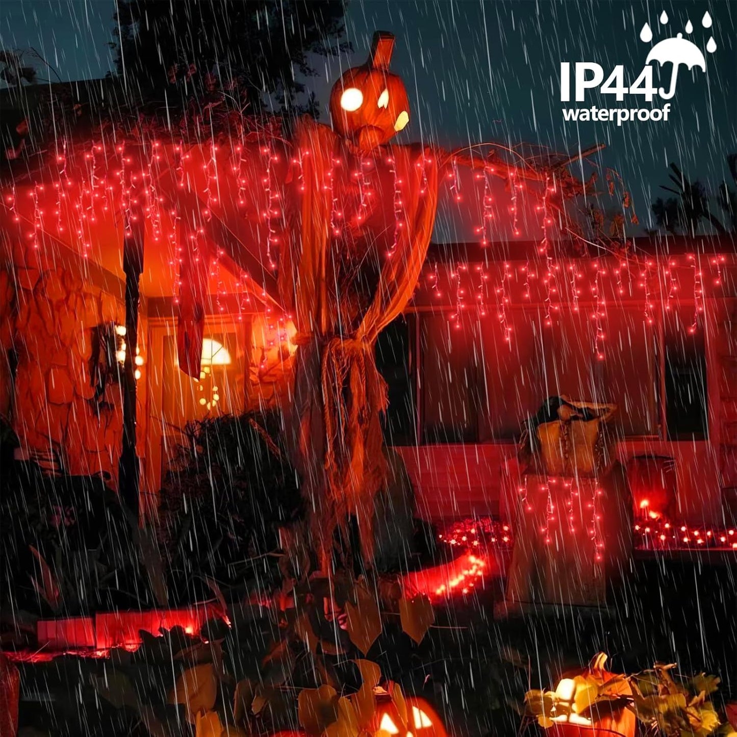 QITONG Red Halloween Lights for Outside, 66ft 800 LED Icicle Light with 8 Modes, 160 Drops Clear Wire Connectable Christmas Lights Indoor Plug in