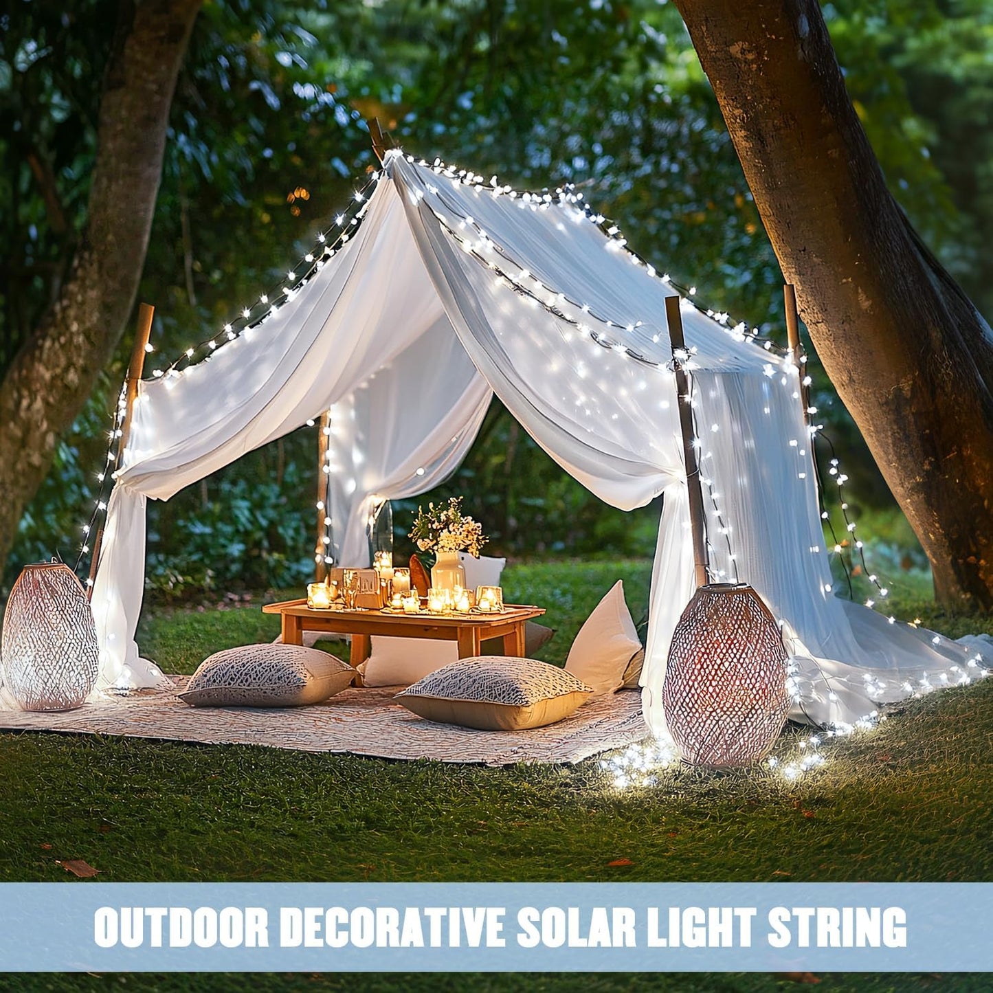 JMEXSUSS 2 Pack White Solar String Lights, Each 100 LED 33ft Green Wire Solar Lights Outdoor Waterproof for Outside Garden Wedding Party Decoration