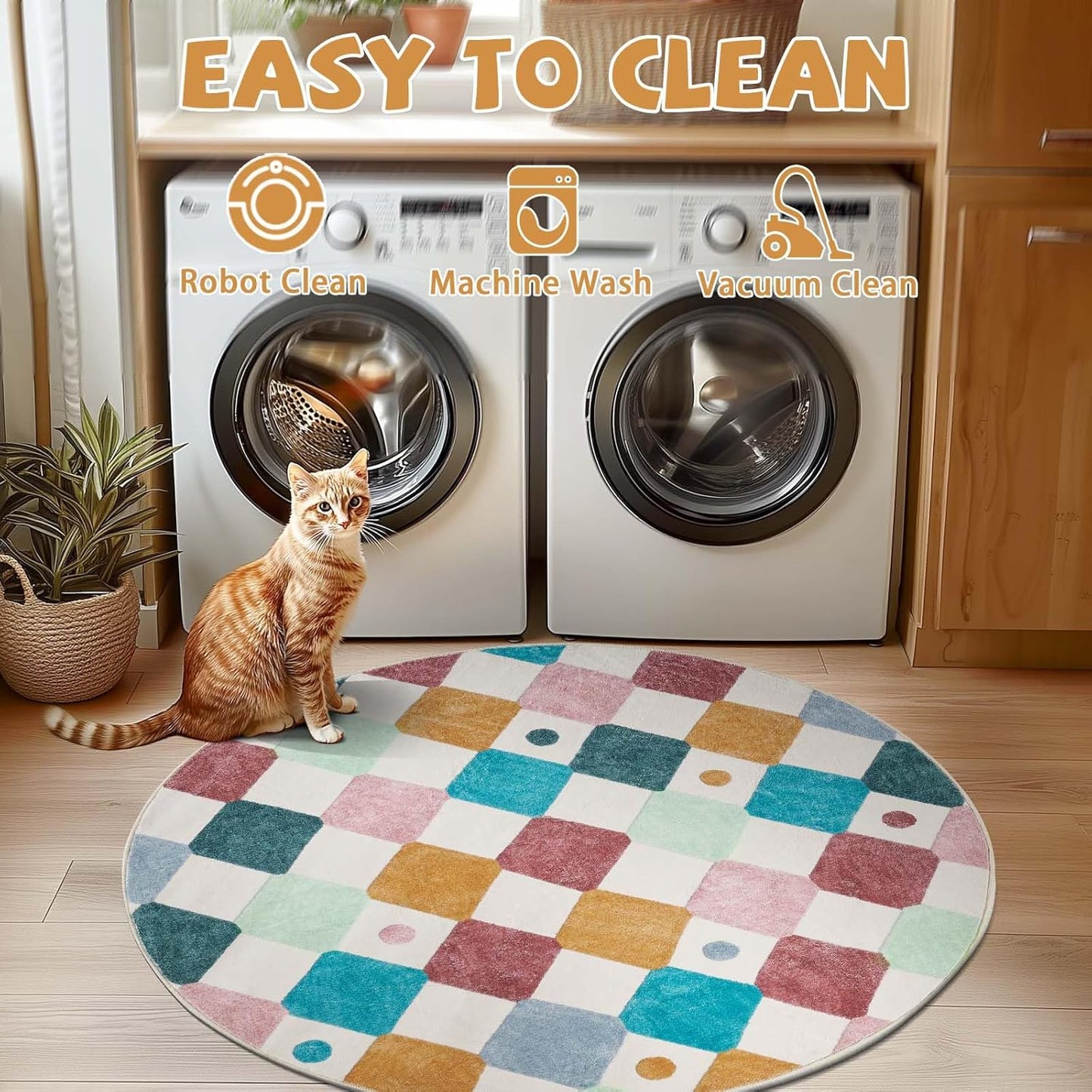 jinchan Round Rug 5ft Kids Washable Rug Indoor Floor Cover Non-Slip Soft Elementary School Classroom Modern Colorful Diamond Carpet for Nursery Daycare Bedroom Playroom Living Room Confetti on Cream