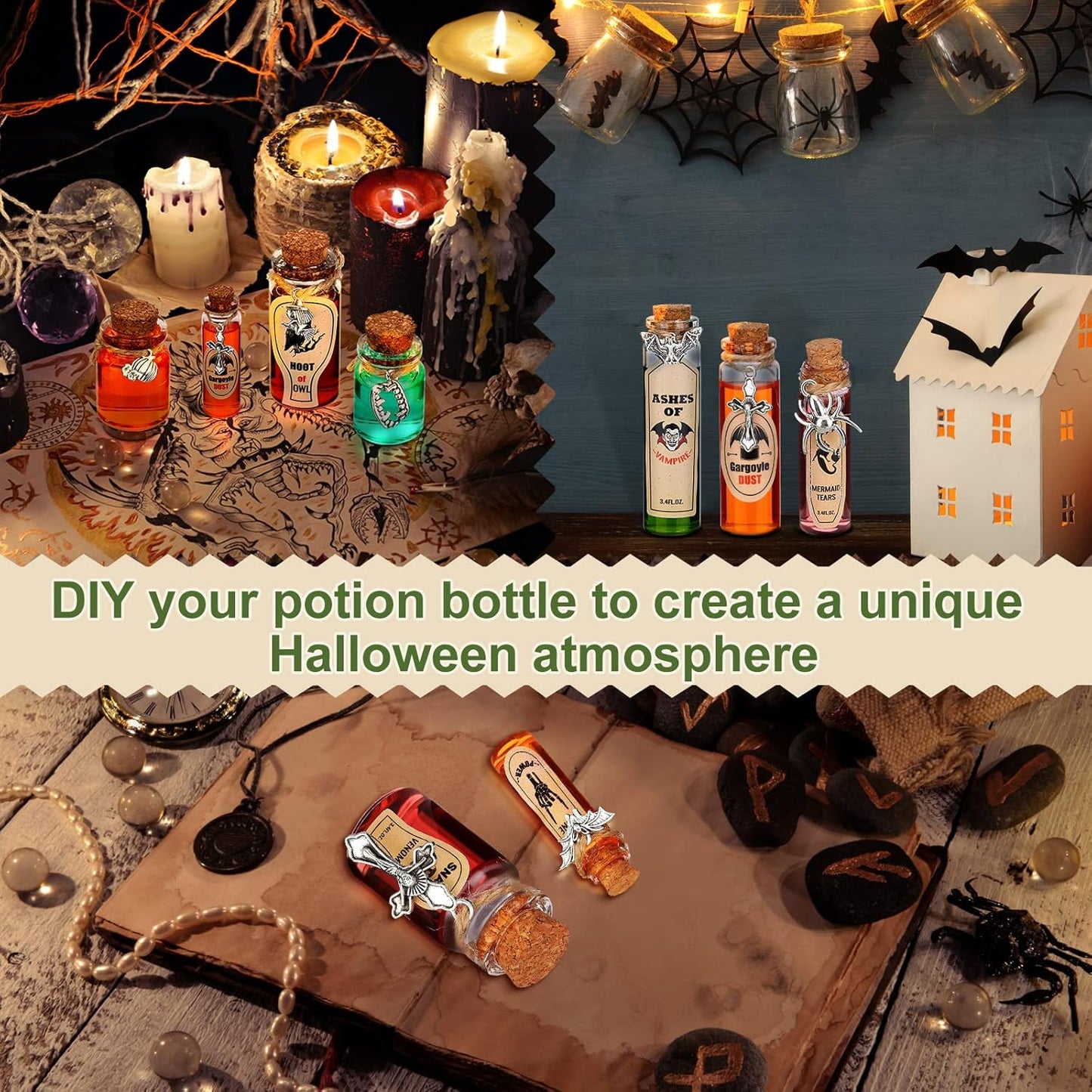 Newtay 53 Pcs Halloween Mini Potion Bottles Set Including 12 Decorative Glass Bottles with Cork Stoppers 20 Creepy Apothecary Bottle Labels Stickers 20 Charms Pendants 1 String (5/6/7/12 ML,Stylish)