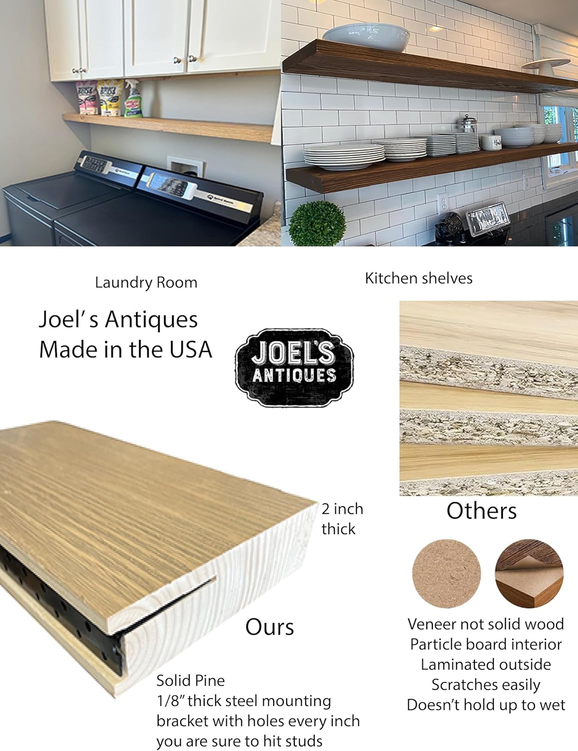 joelsantiques 72 Inch Wooden Floating Shelves for Wall - 72x12x2 in - Made of Natural Wood - Long Heavy Duty Wall Shelves for Bedroom - Perfect for Living Room, Kitchen - Black