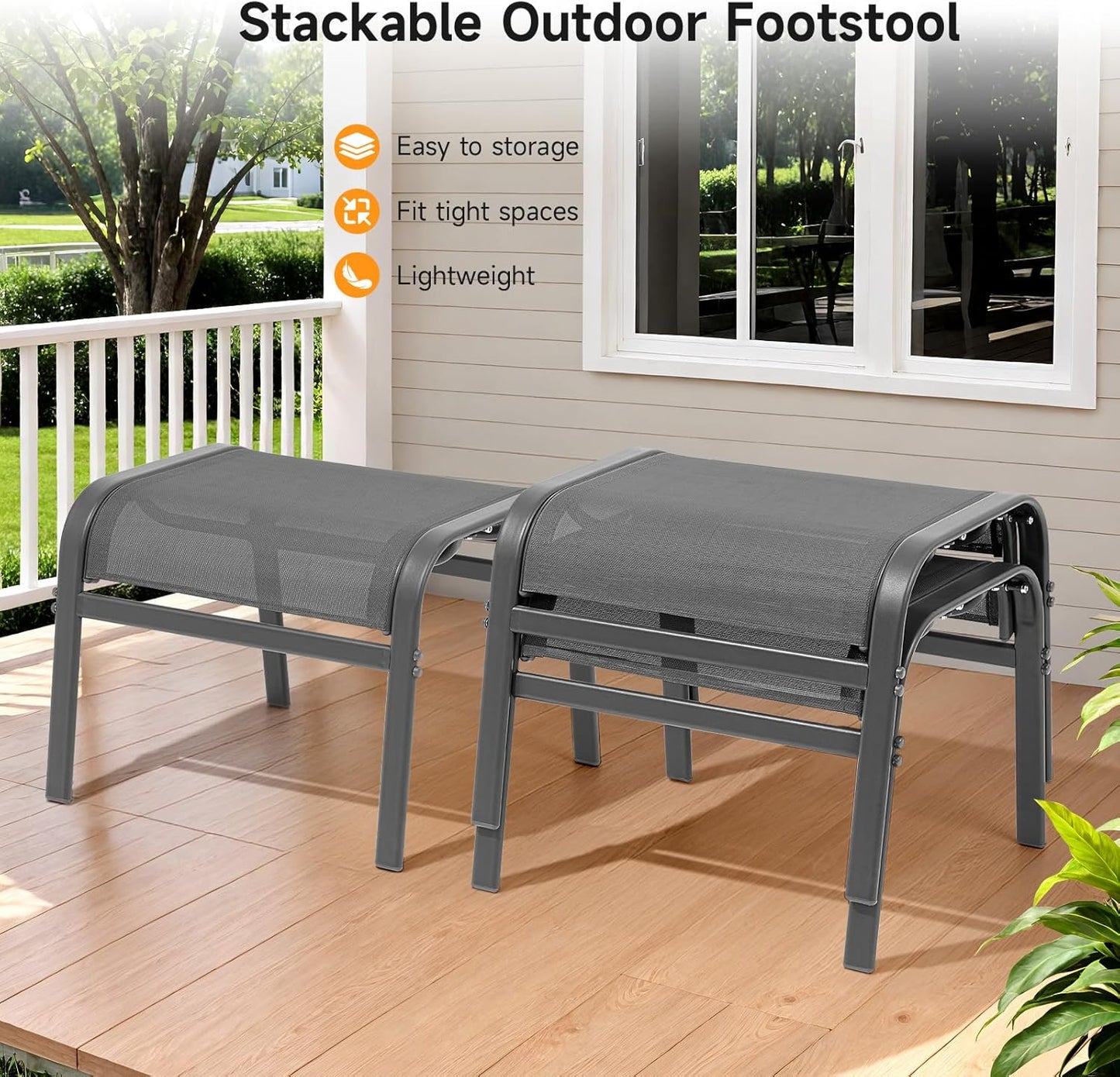 Outdoor Ottoman Set of 2, All Weather Outdoor Foot Stool with Supportive Textliene and Metal Frame, Stackable Oversized Outdoor Foot Rest for Furniture Patio Garden Pool, Grey