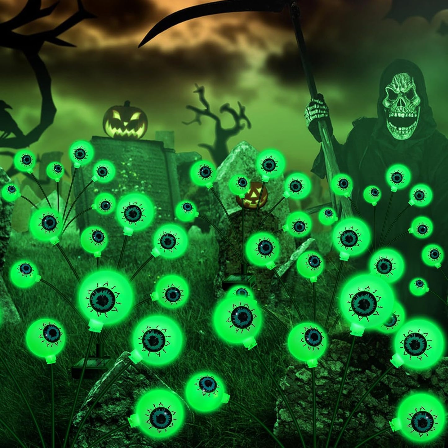 Solar Halloween Decorations, 4 Pack 24 LED Spooky Eyeball Lights, Outdoor Waterproof Solar Green Firefly Lights for Garden Yard Patio Pathway Lawn Halloween Party