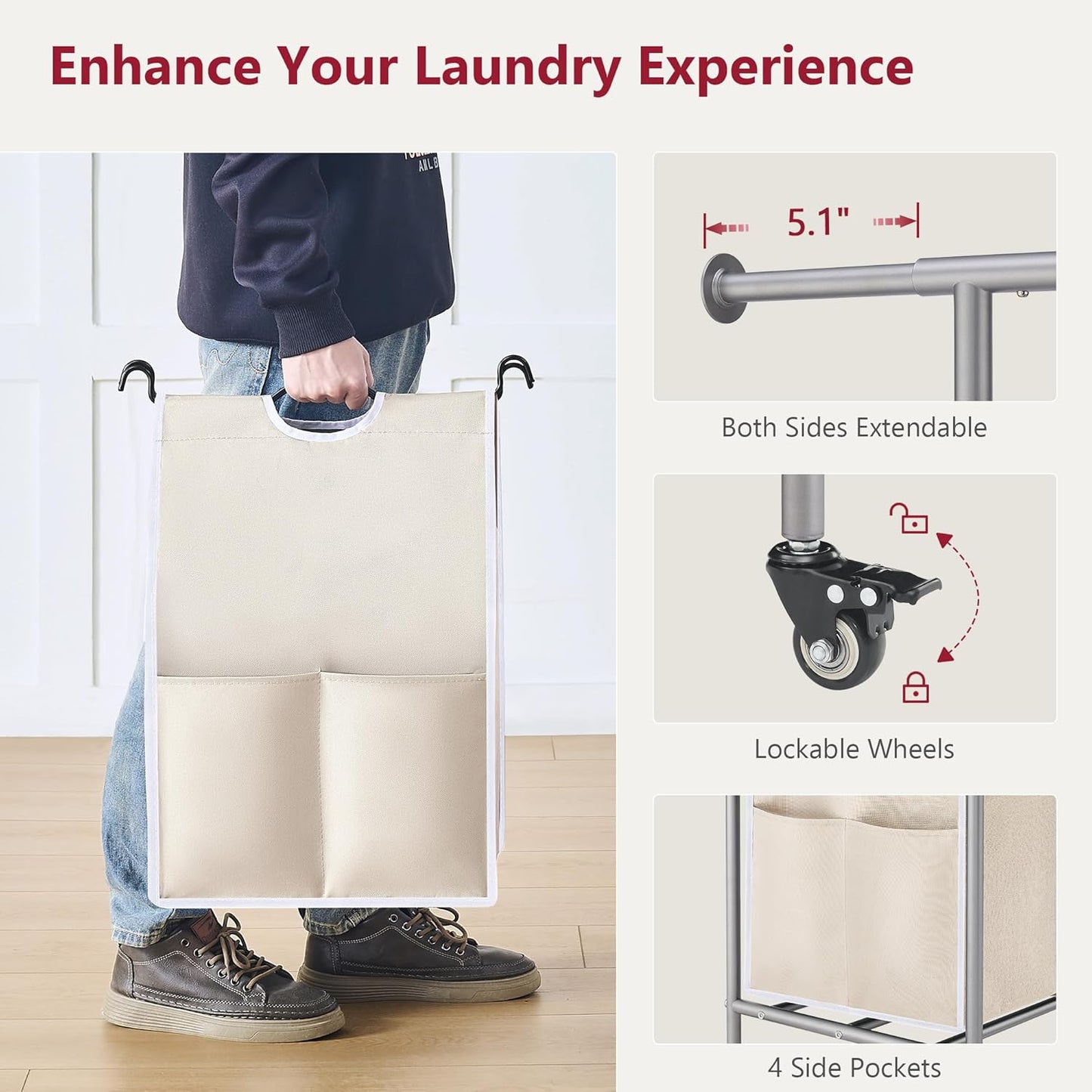 Tajsoon Laundry Hamper with Hanging Rack, 3 Section Laundry Sorter with Heavy Duty Lockable Wheels, Laundry Basket Organizer for Dirty Clothes Storage, 3 Beige