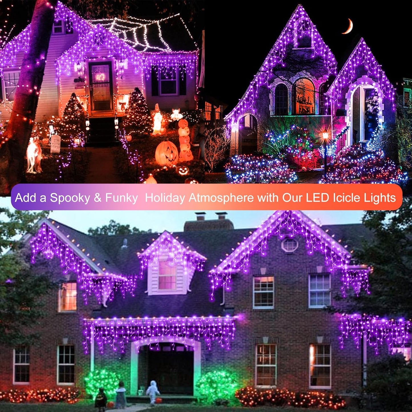 YiYLunneo Halloween Icicle Lights Outdoor, 512 LED 46.5 FT 8 Lighting Modes with Timer & Memory, Curtain Fairy String Lights with 96 Drops for Halloween Decorations Holiday Party Eaves Yard (Purple)