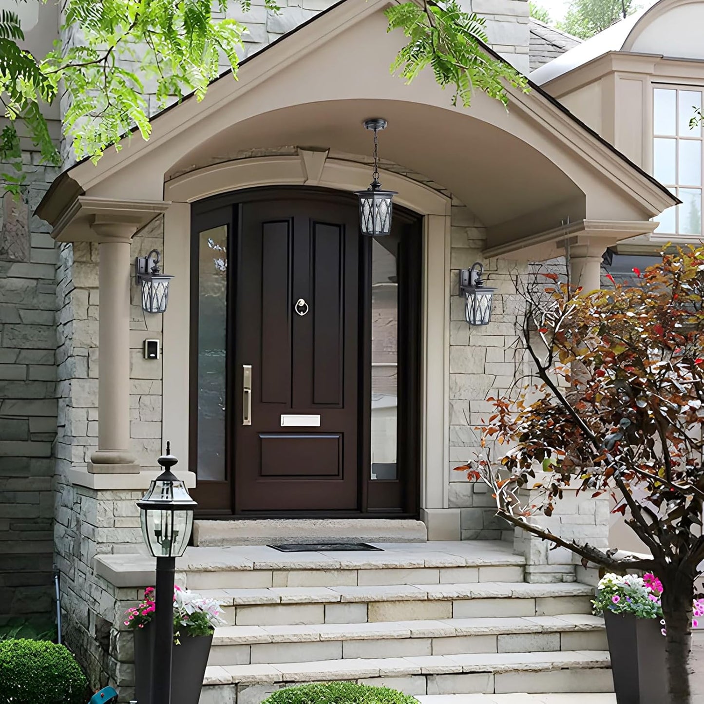 JYZ Dusk to Dawn Outdoor Wall Lantern, Craftsman Style Large Exterior Sconce Light with Water Ripple Glass, Traditional Porch Light Fixture Wall Mount Lamp for Front Porch Doorway Garage Patio Garden