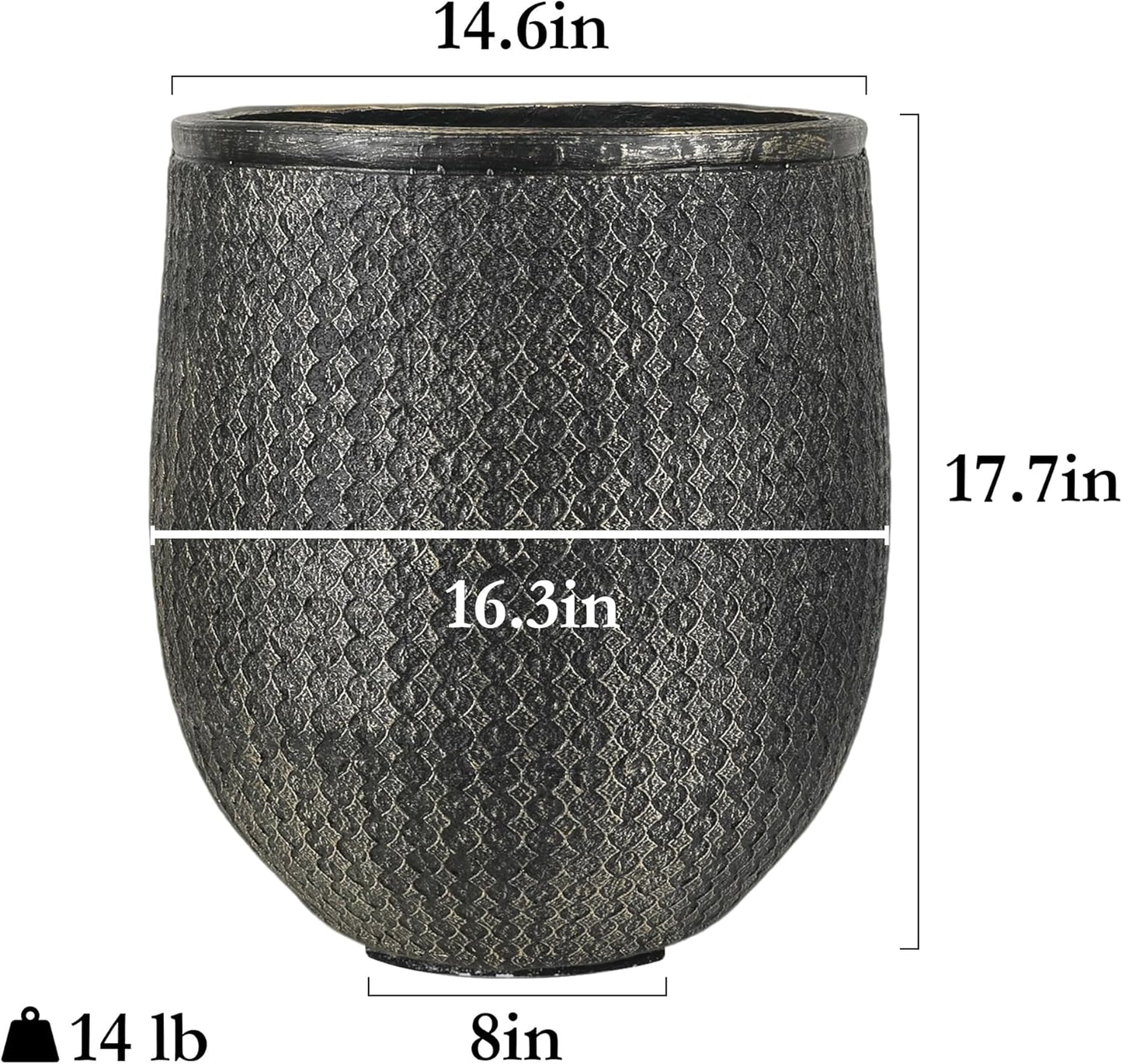 Worth Garden Large Round Planter – 14.5" Dia x 17.5" H Lightweight Magnesium Oxide Cement Plant Pot with Texture – Raised Pattern Concrete Look – Drainage Hole – Indoor & Outdoor Use - Black Gold