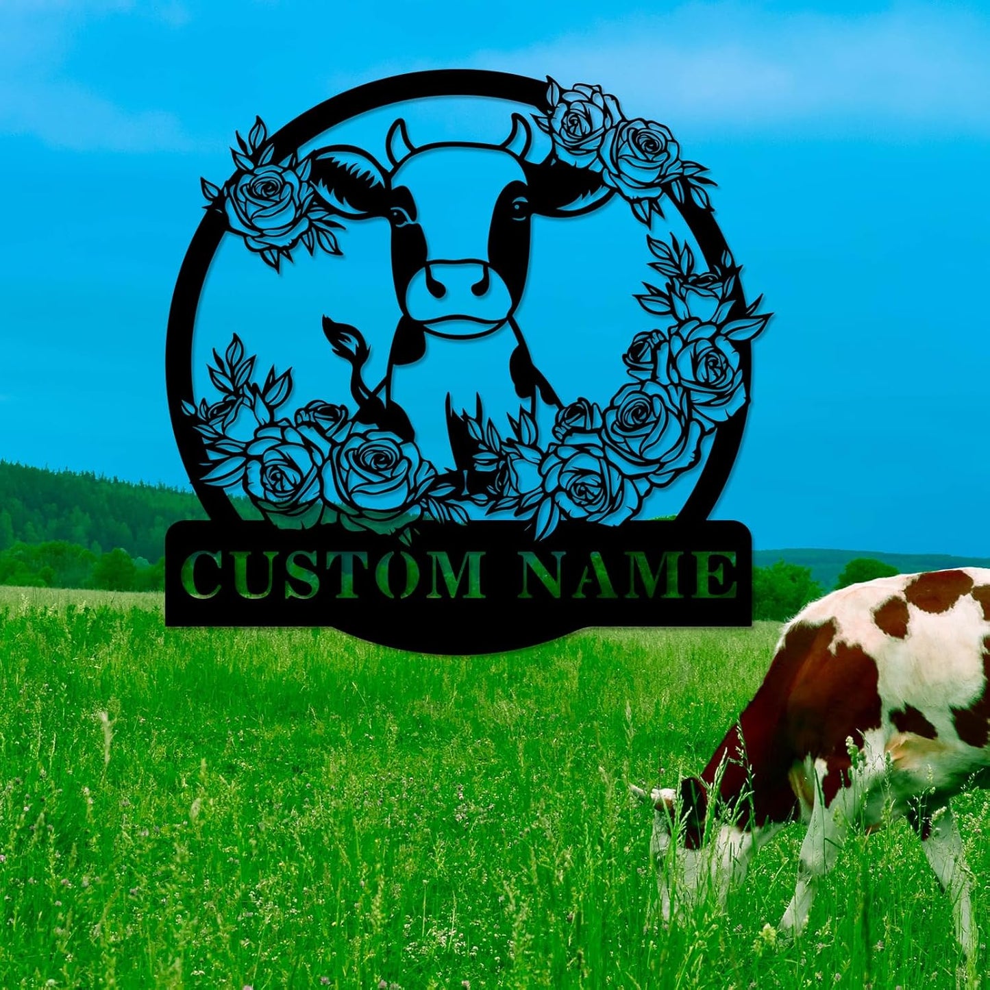 Custom Cow Metal Sign, Personalized Family Name Wall Art, Farm Customized Decor Gifts for Housewarming, Flower Plaque for Farmhouse Bedroom Outside Garden Yard Ranch
