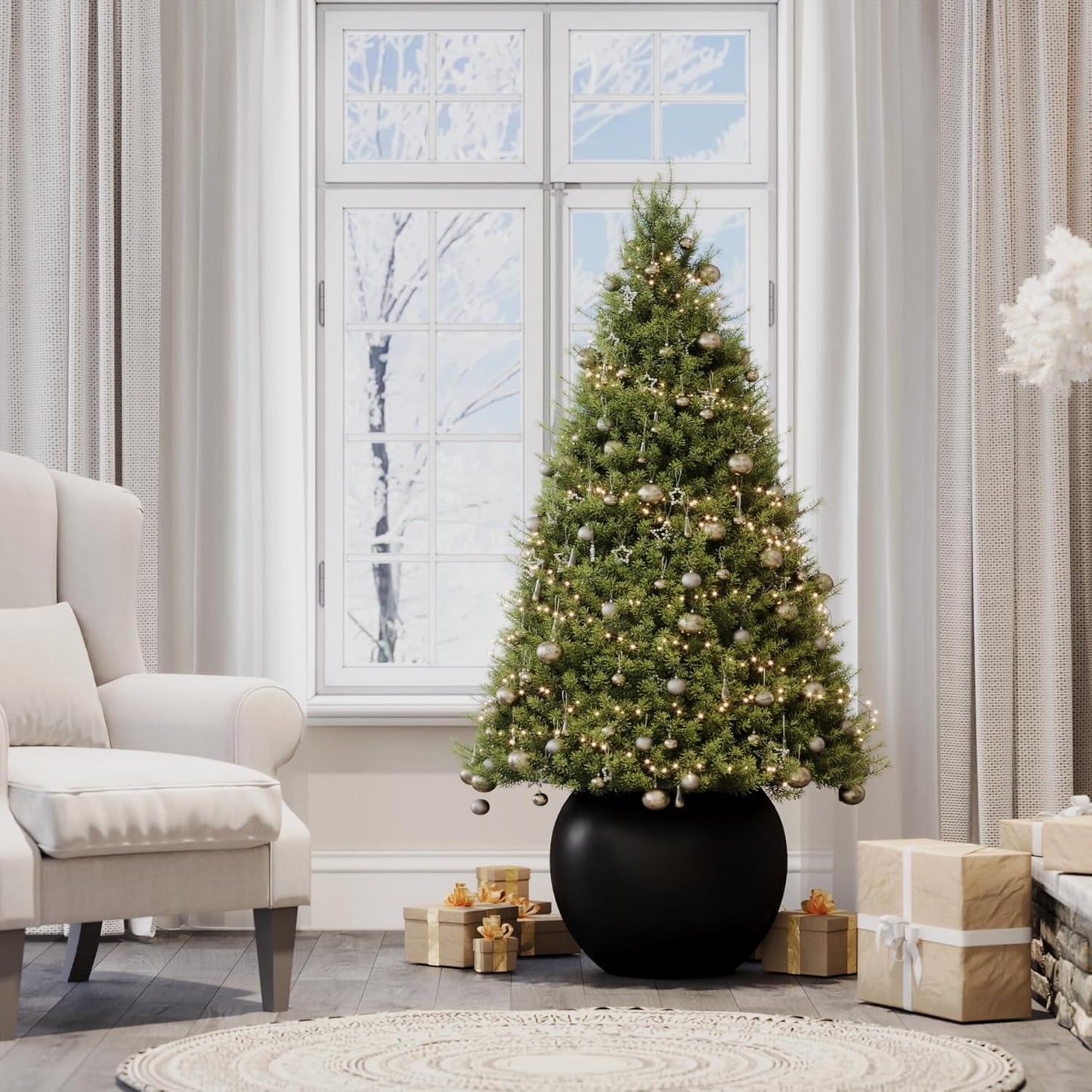 DTY Signature Mount Sherman Lightweight Durable Modern Fiberstone Sphere Planter for Indoor & Outdoor Drainage Hole & Rubber Plug Weather Resistant, 13.5" H x 17" Dia, 12" Opening- Medium, Black