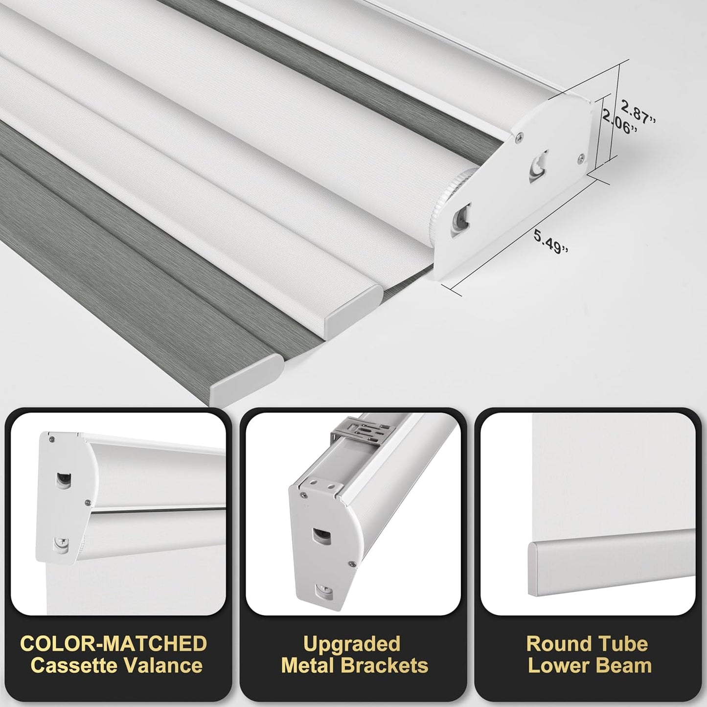 Berissa Cordless Dual Roller Shades With Cassette Valance, Blackout and 5% Light Filtering, Day and Night Shades for Home Office. Striped Jacquard Grey & White. Custom Sizes