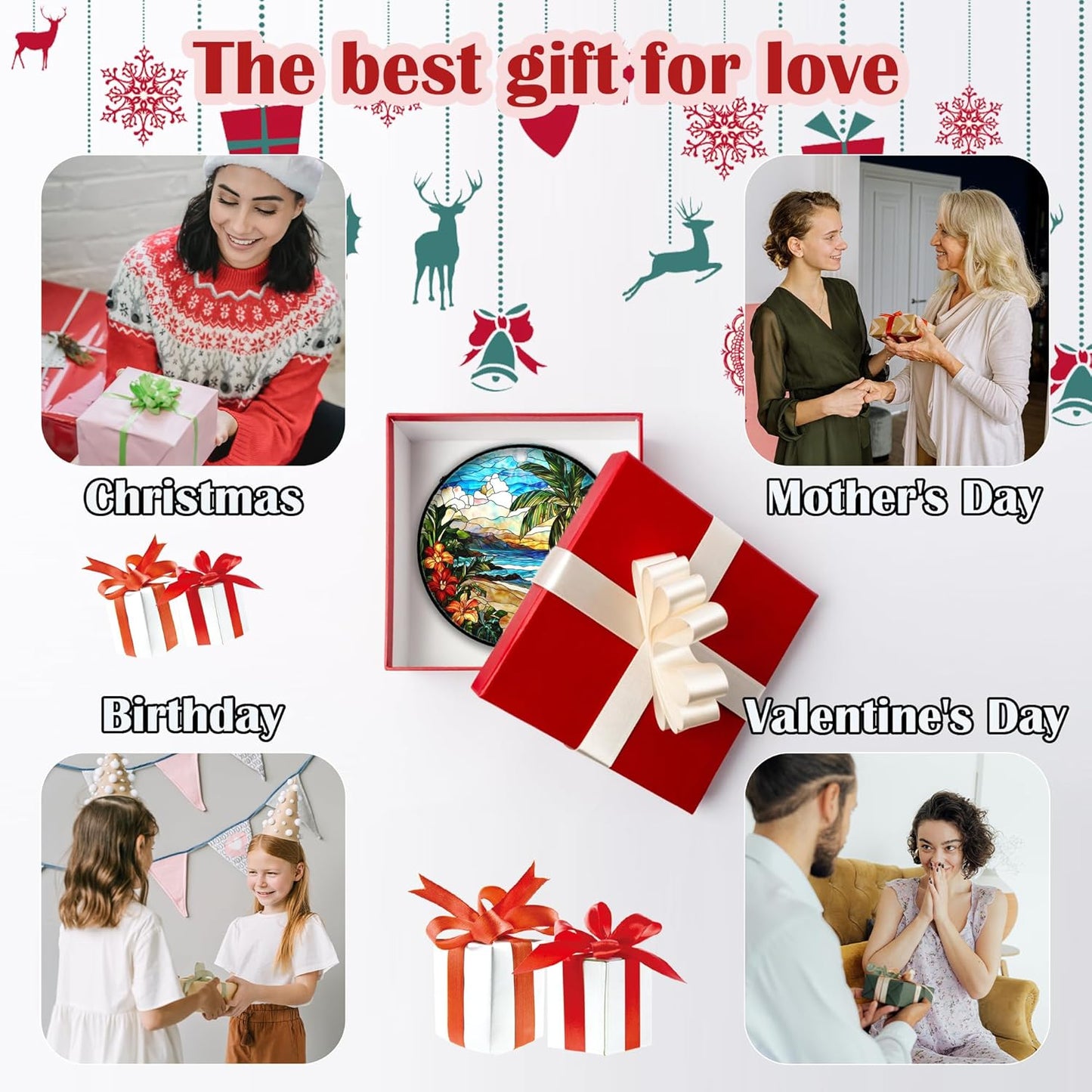 Stained Glass Window Hanging, Blue Beach Scenery Suncatcher Diamond Glass Panel Hangings Sun Catchers Decor for Birthday for Women, Men, Wife, Aunt, and Mom 14.9x14.9 in