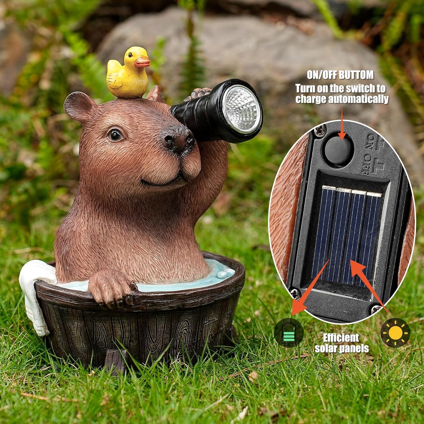 Capybara Solar Garden Statue β Funny Outdoor Resin Animal Decor with Flashlight & Duck β Waterproof Yard Lawn Ornament with LED Light β Solar Powered Figurine for Patio, Porch, Landscape