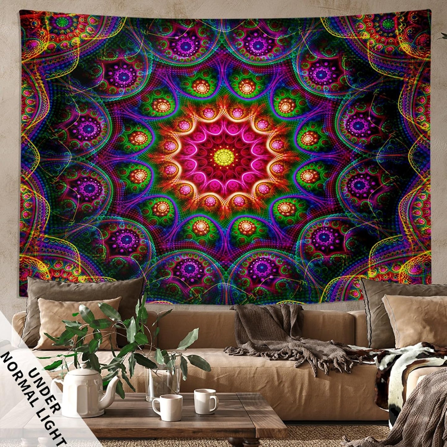 Blacklight Trippy Mandala Tapestry, Boho Black Light Posters for Adults UV Reactive Room Decor for Bedroom Wall (90 x 70 Inches)