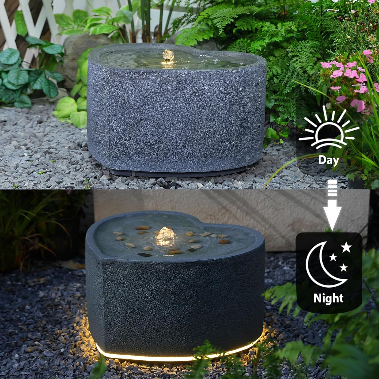 Water Fountain Outdoor Garden Heart Shaped Bubble Up Fountains Indoor Water Feature with LED Lights & Pump for Patio, Balcony, Courtyard, Terrace, Porch Decoration,15.75 Inch H