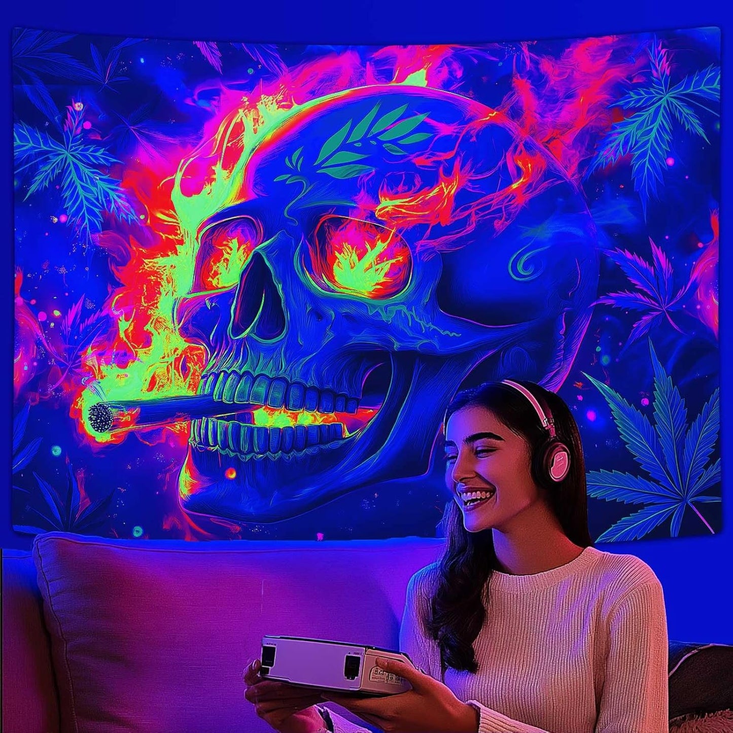 Blacklight Skeleton Tapestry, Glowing Skull UV Reactive Gothic Wall Hanging Tapestries, Glow in the Dark Grim Reaper Magic Horror Face Halloween Poster Tapestry for Bedroom Living Room Decor 40X30IN