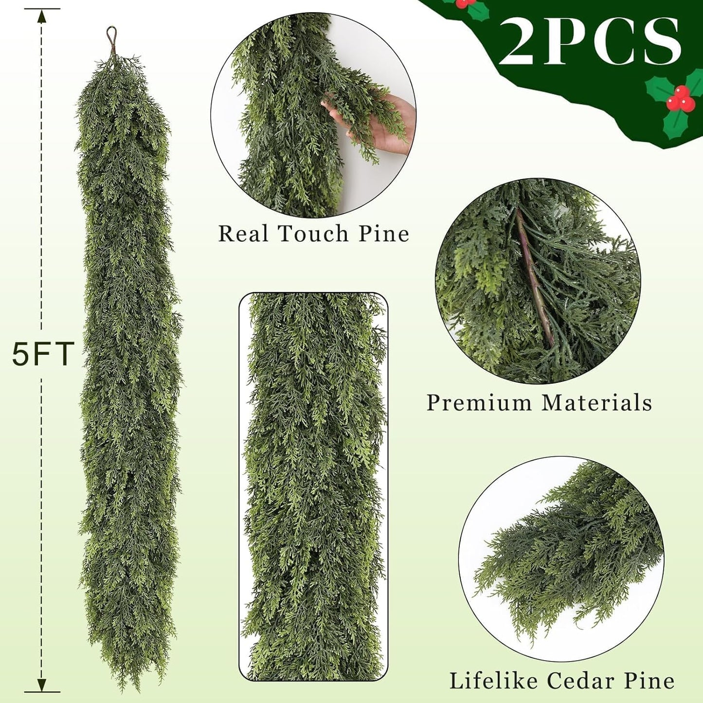 Real Touch Christmas Cedar Garland -5ft Artificial Garlands Faux Cedar Fake Pine Needles Garland for Fireplace,Table,Window,Stairs,Mante,Holiday Indoor Outdoor Xmas Decor(2PCS)
