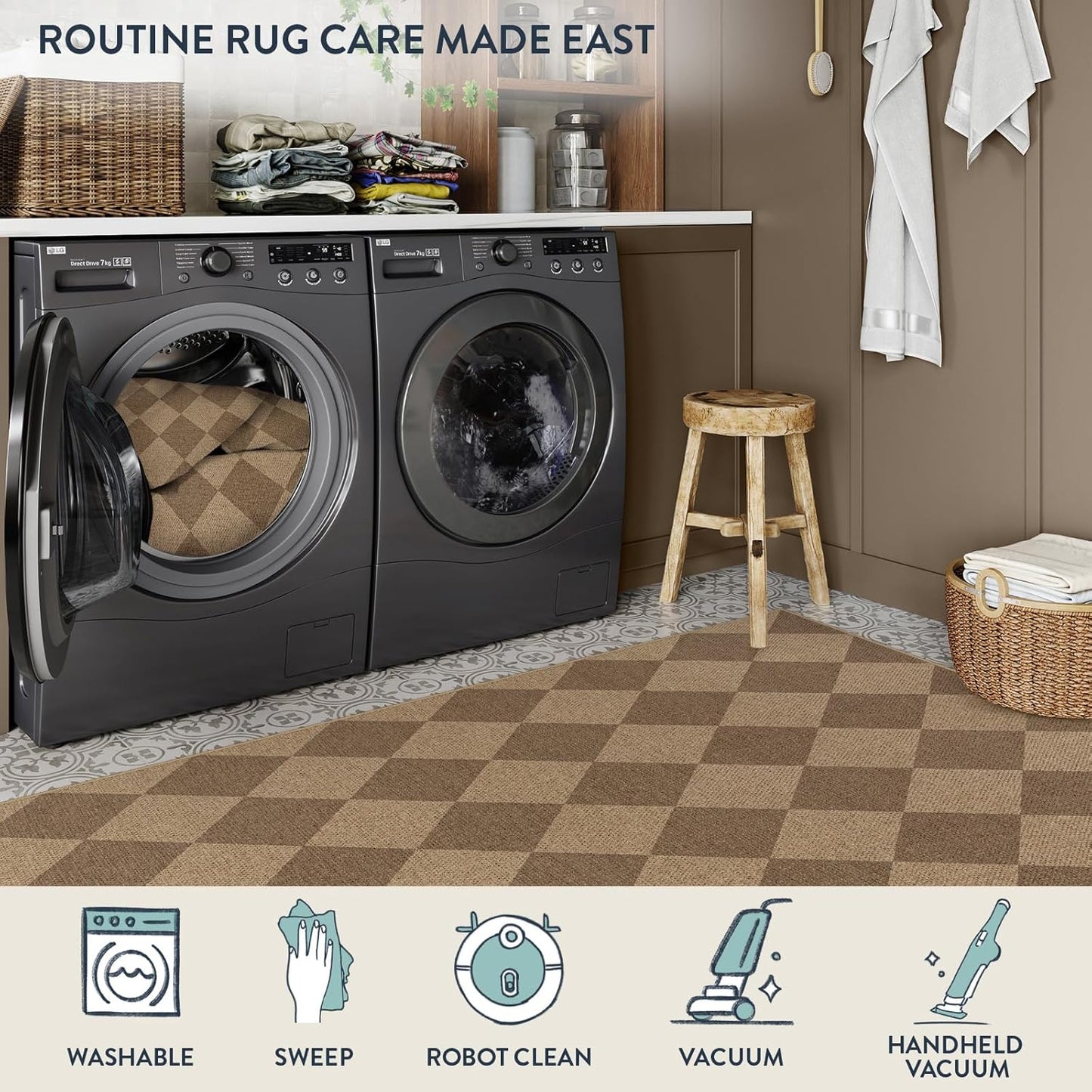 Lahome Checkered Easy Jute Rug 8x10, Washable Rugs for Living Room Dining Room Farmhouse Indoor Outdoor Mat, Neutral Checkerboard Non Slip Black Carpet for Office Backyard Patio