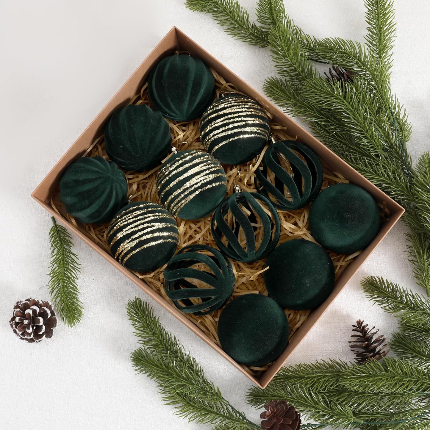 Christmas Ornaments Set of 12, 3.15" Flocked Velvet Balls with Hand Painted Designs,Emerald Green Elegant Christmas Tree Decorations in Gift Box