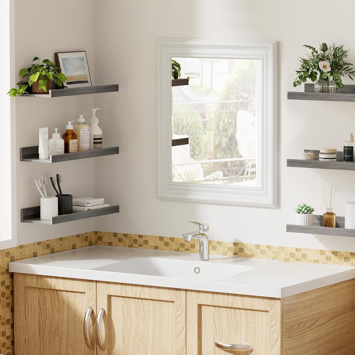 upsimples Floating Shelves for Wall, Wall Shelves for Decor Storage Set of 6, Wall Mounted Wood Shelf for Bedroom, Living Room, Bathroom, Kitchen, Picture Ledge Shelf, Grey