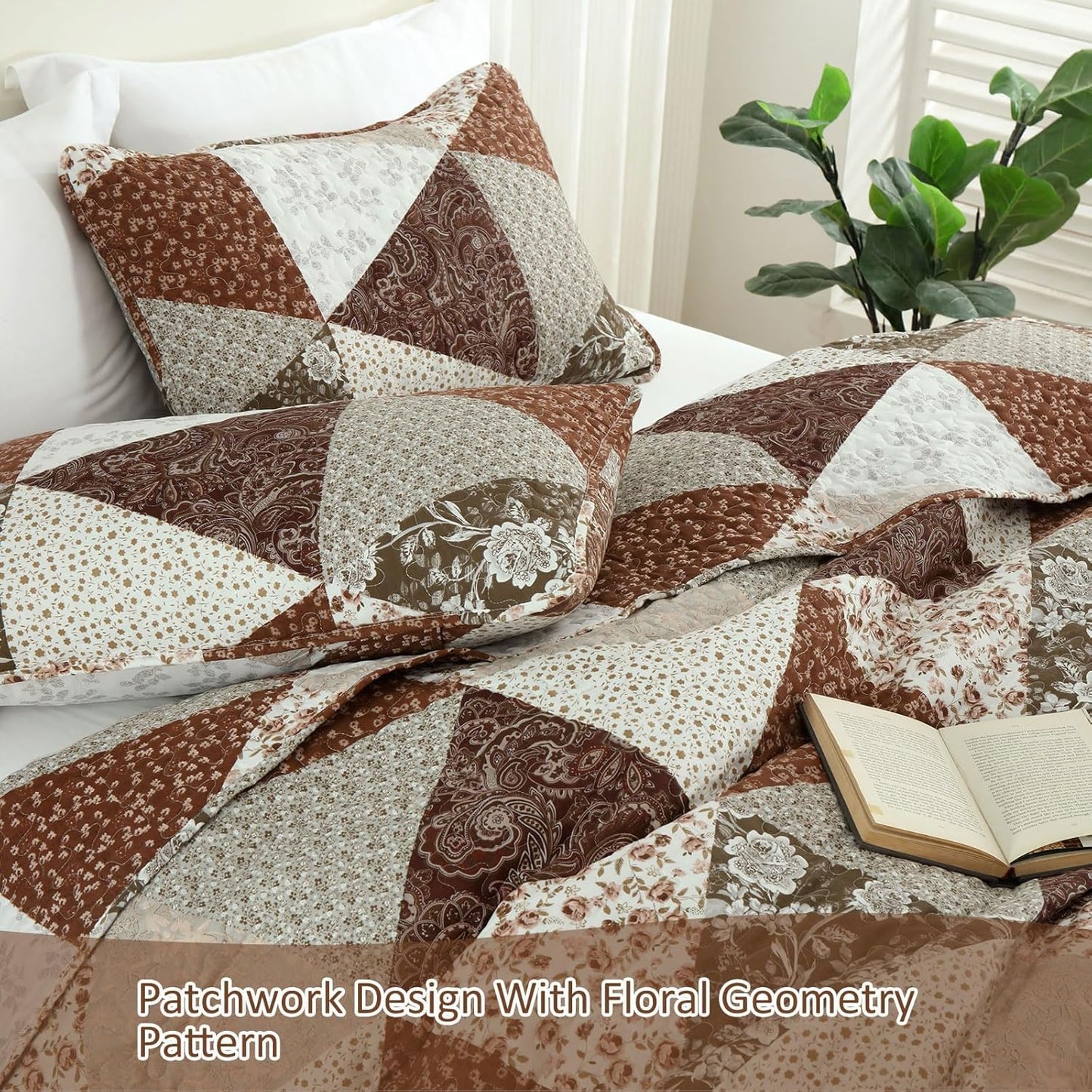 Dobuyly Fall Quilt Queen Size, Brown Floral Triangle Patchwork Bedspread Fall Bedding Set, Soft Lightweight Microfiber Coverlet Set (1 Quilt, 2 Pillow Shams)