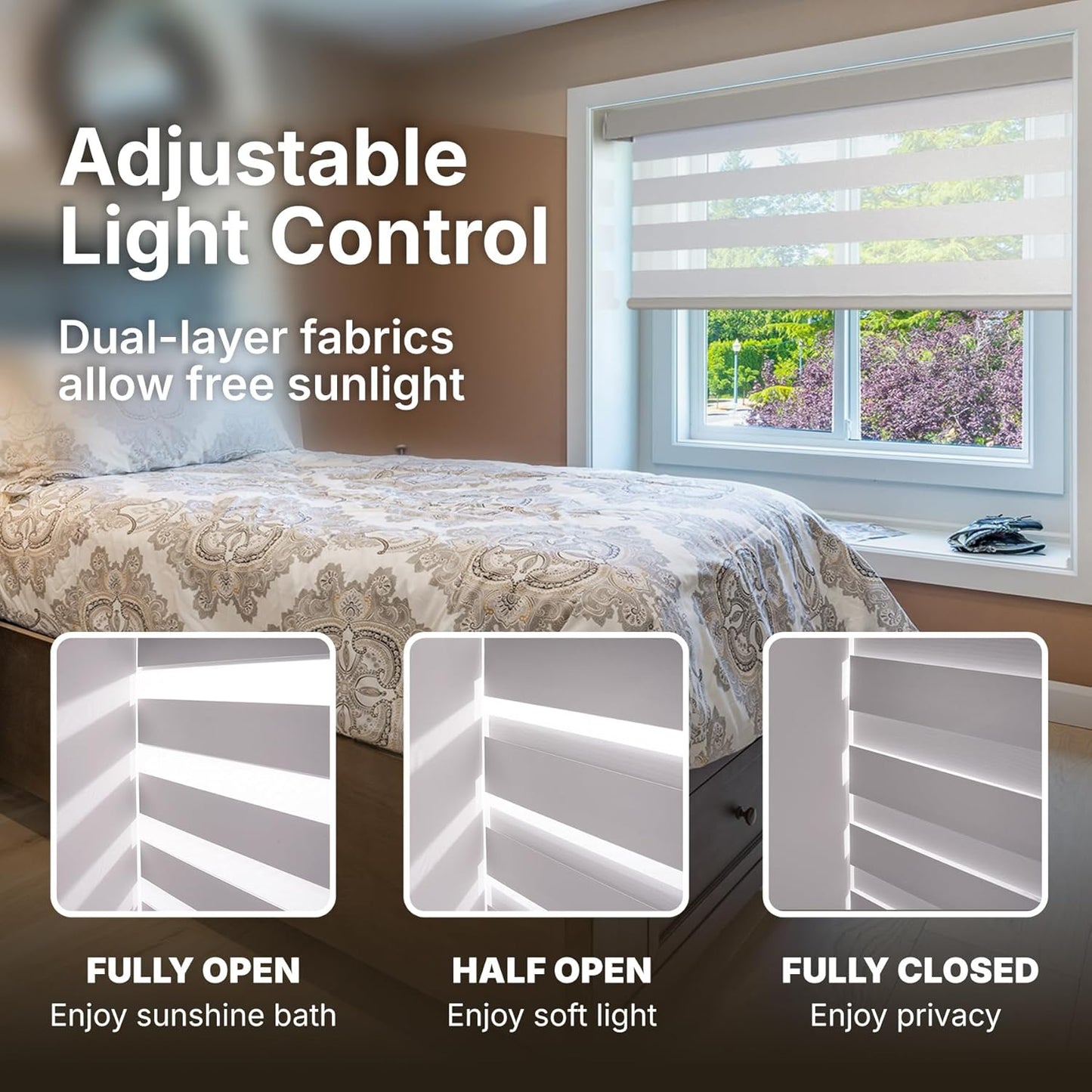 HESTIA Cordless Zebra Blinds Light Filtering Roller Shades UV Blocking Blackout Privacy Indoor Window Shades for Home Office Day and Night, Brown,28" W x 48" H