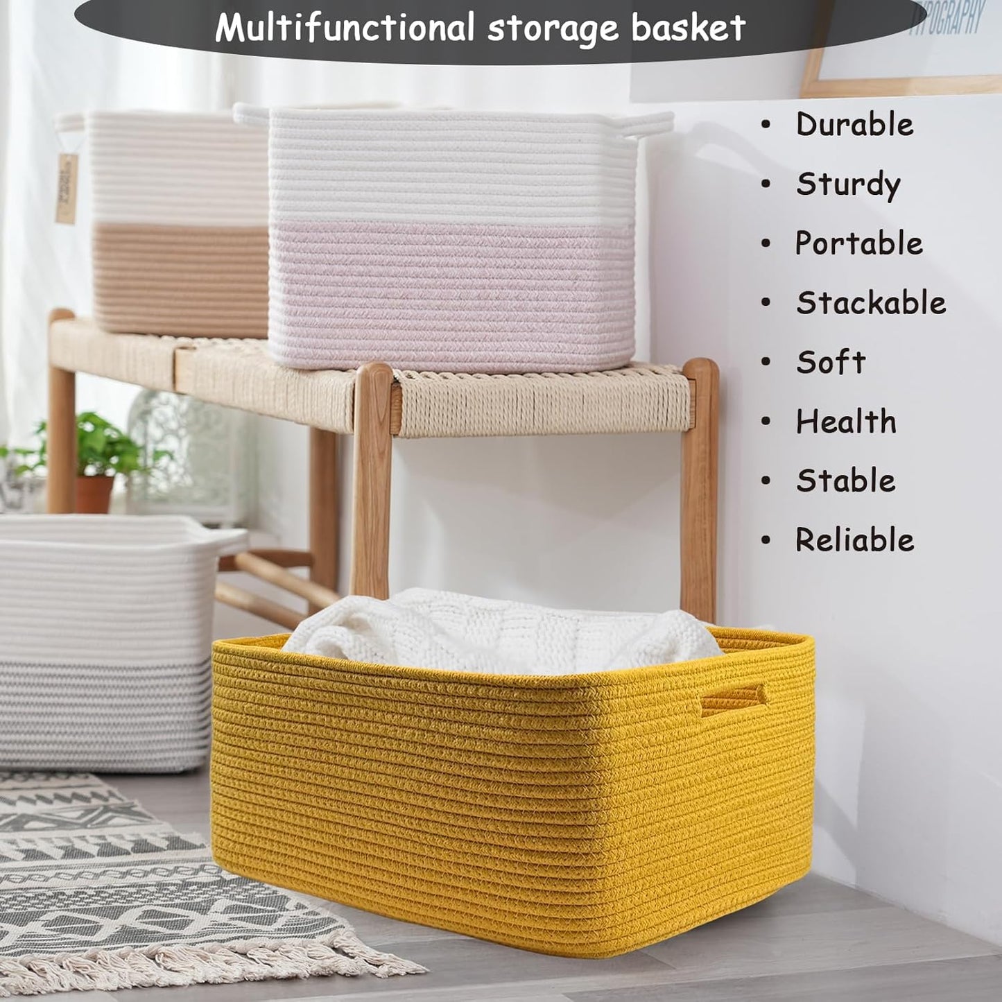 COMFY-HOMI Cotton Rope Woven Basket with Handles for Shelves,Toys,Book, Cloth Storage Baskets for Organizing-17" x 13" x 7.5" Toy Decorative Organizer for Living Room, Bathroom (Yellow)